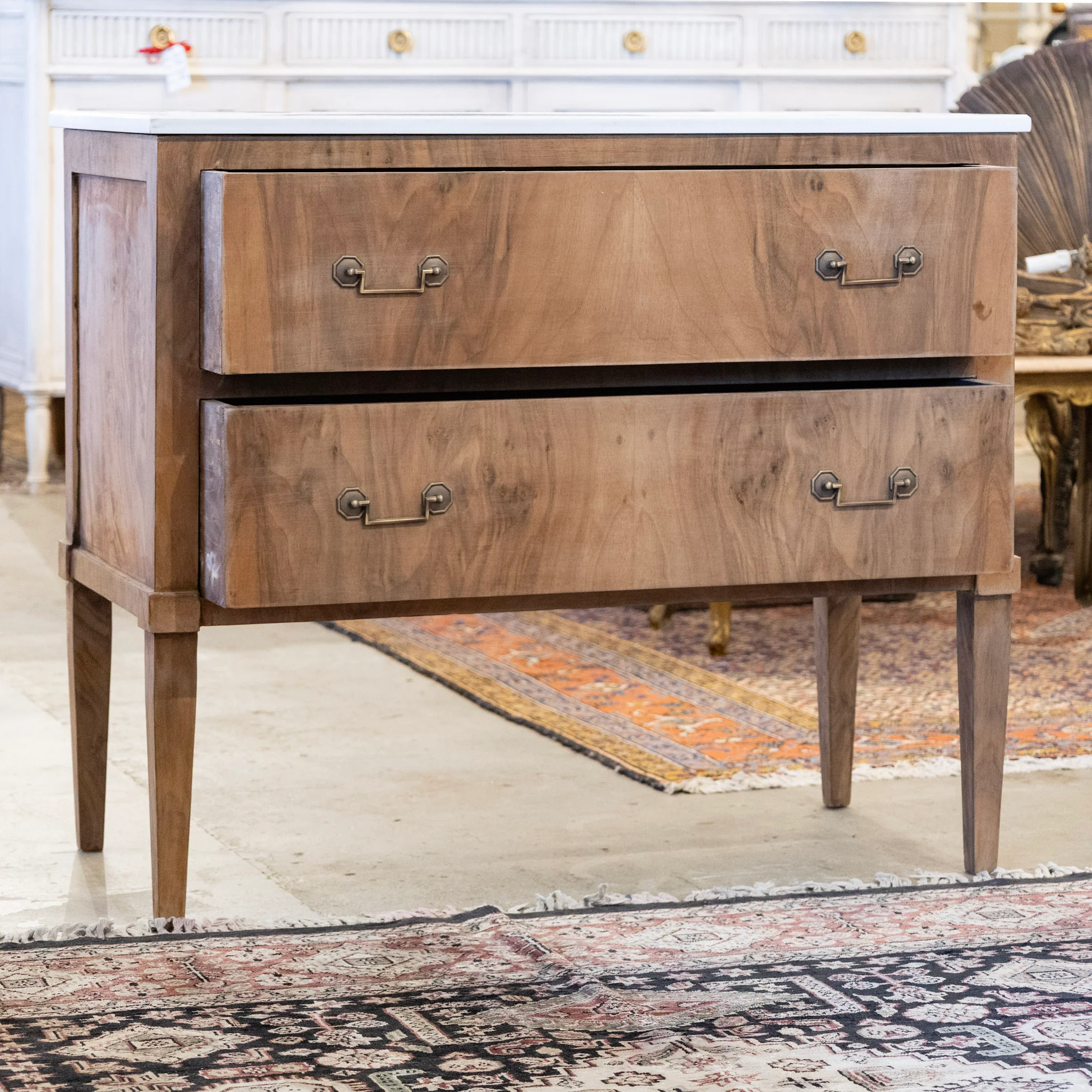 Art Deco Stripped Burl Wood Chest – Square Pulls & White Marble Top - Image 3