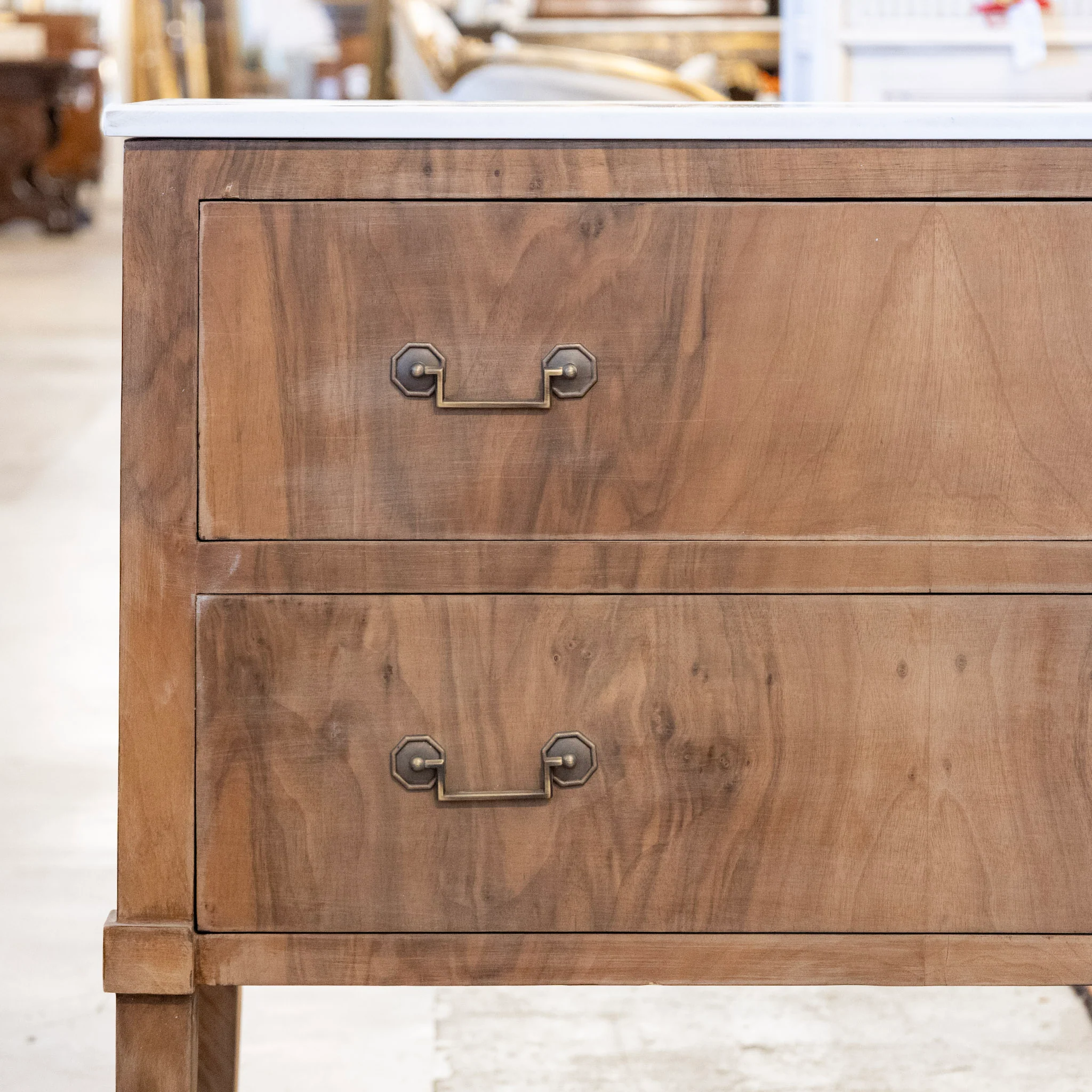 Art Deco Stripped Burl Wood Chest – Square Pulls & White Marble Top - Image 4