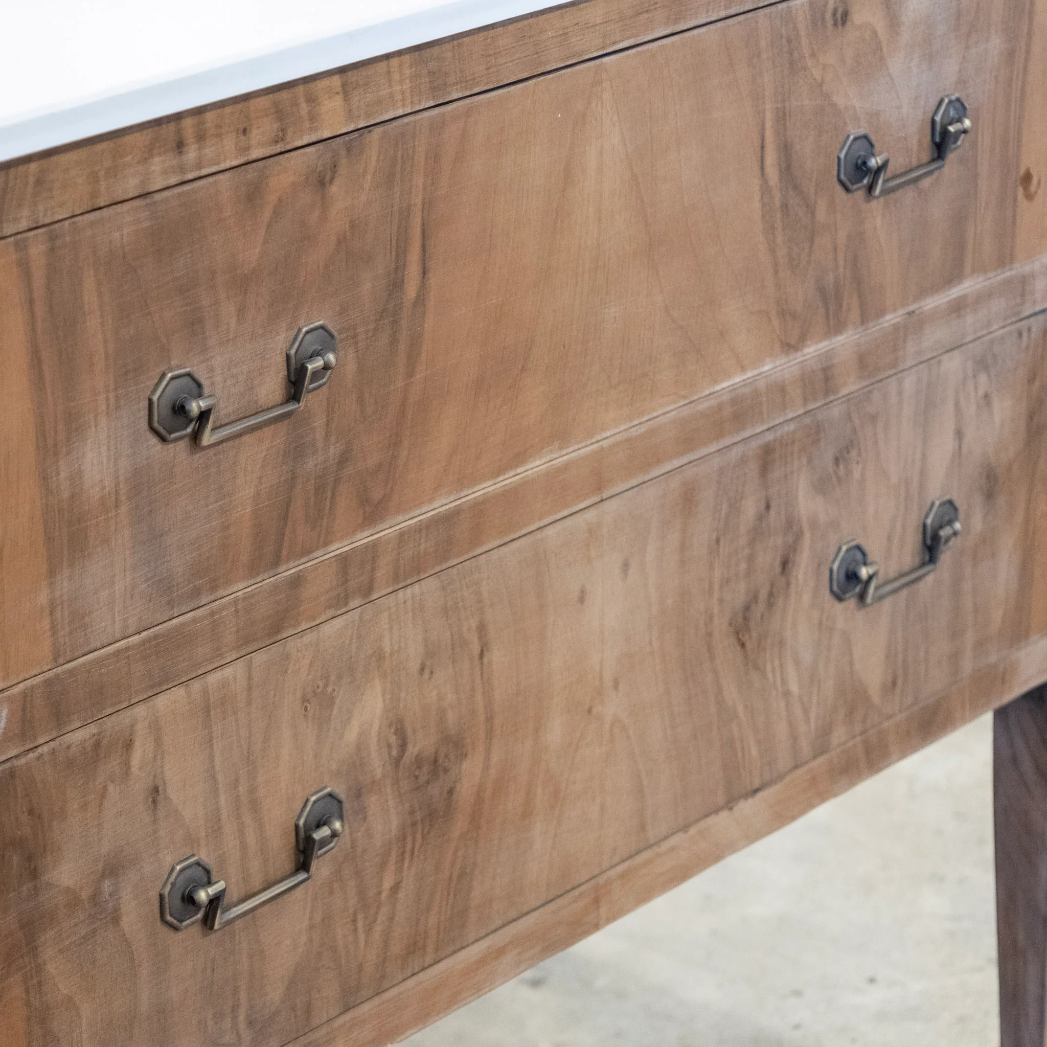 Art Deco Stripped Burl Wood Chest – Square Pulls & White Marble Top - Image 5
