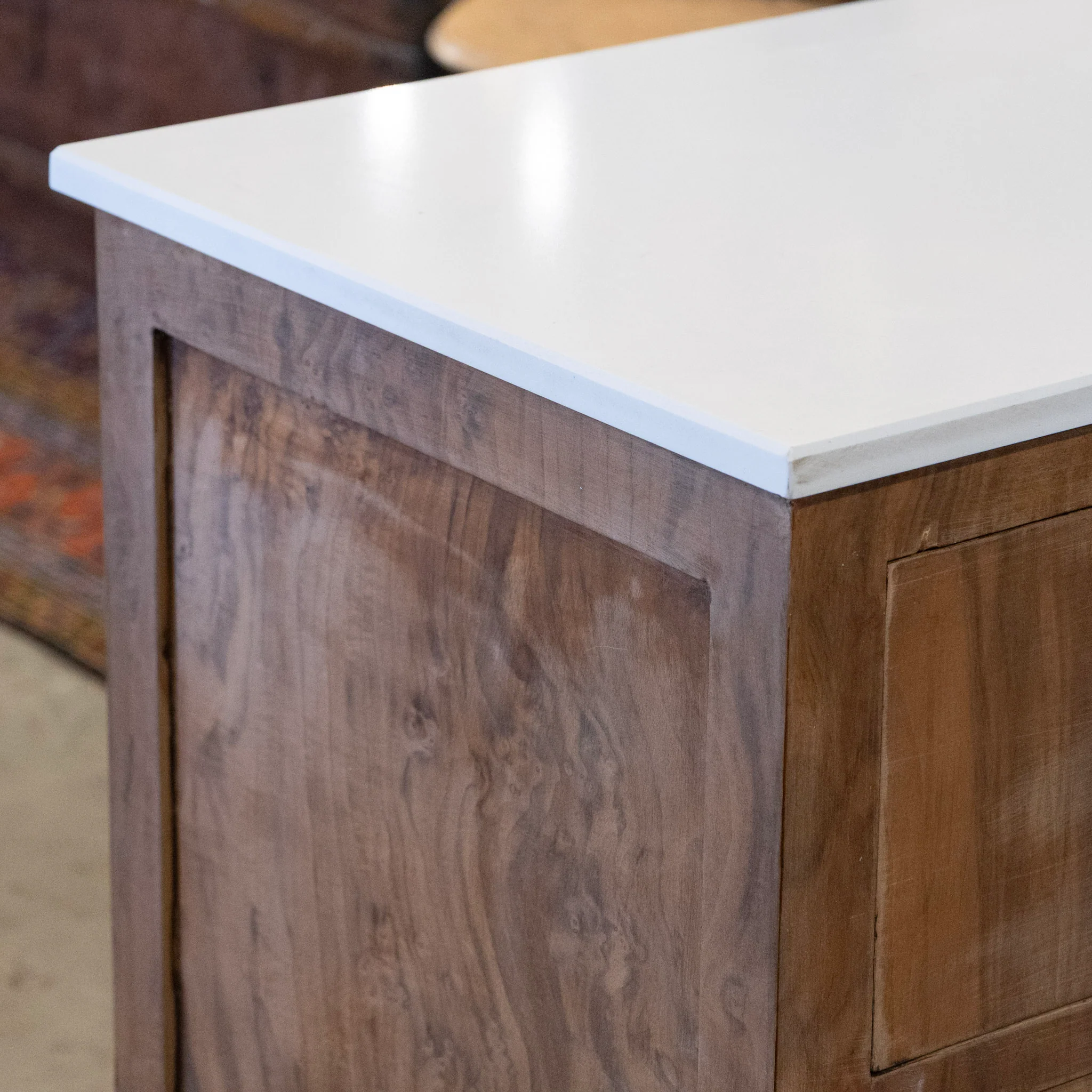 Art Deco Stripped Burl Wood Chest – Square Pulls & White Marble Top - Image 8