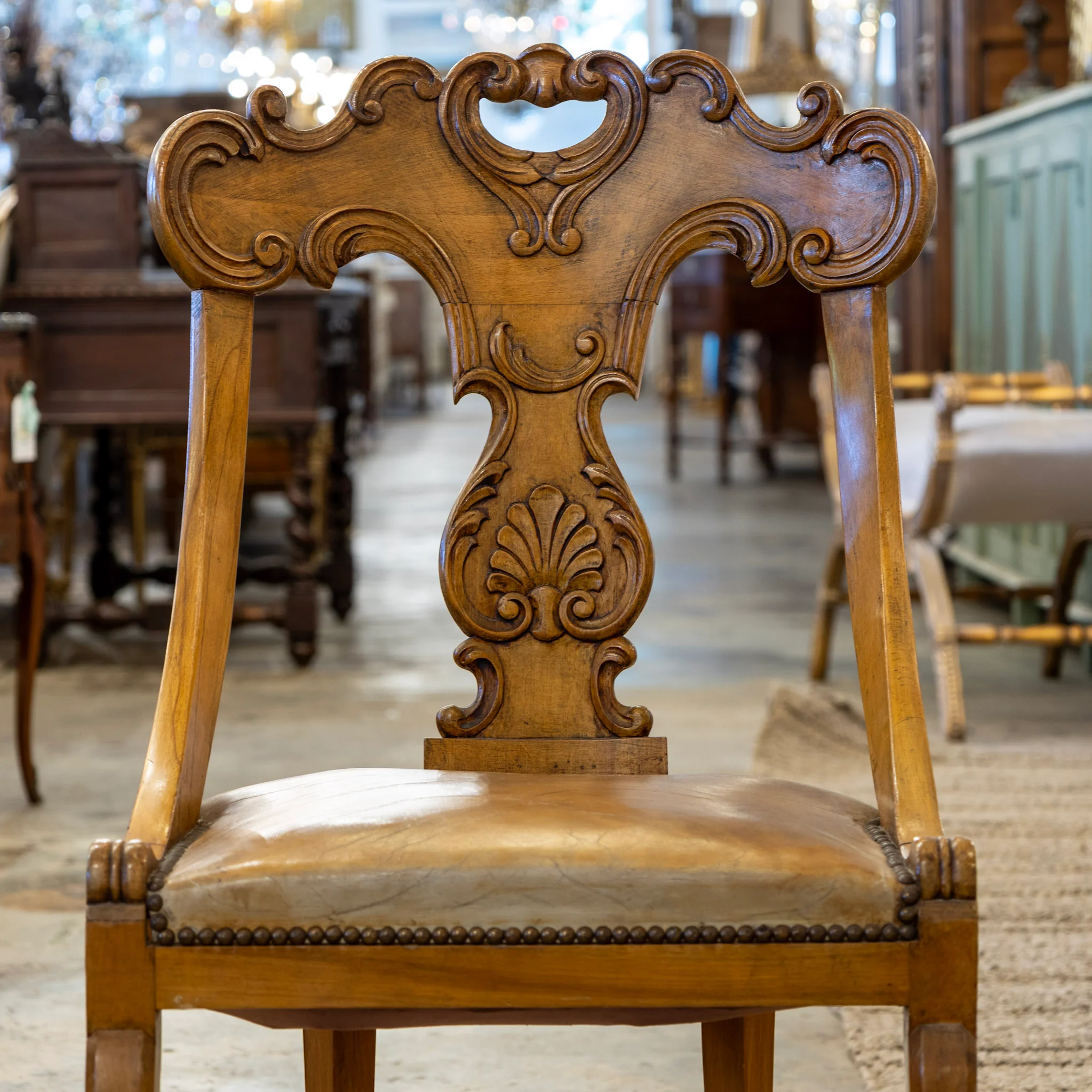 Biedermeier Dining Chair – Carved Scroll Open Back & Original Leather Seat - Image 3