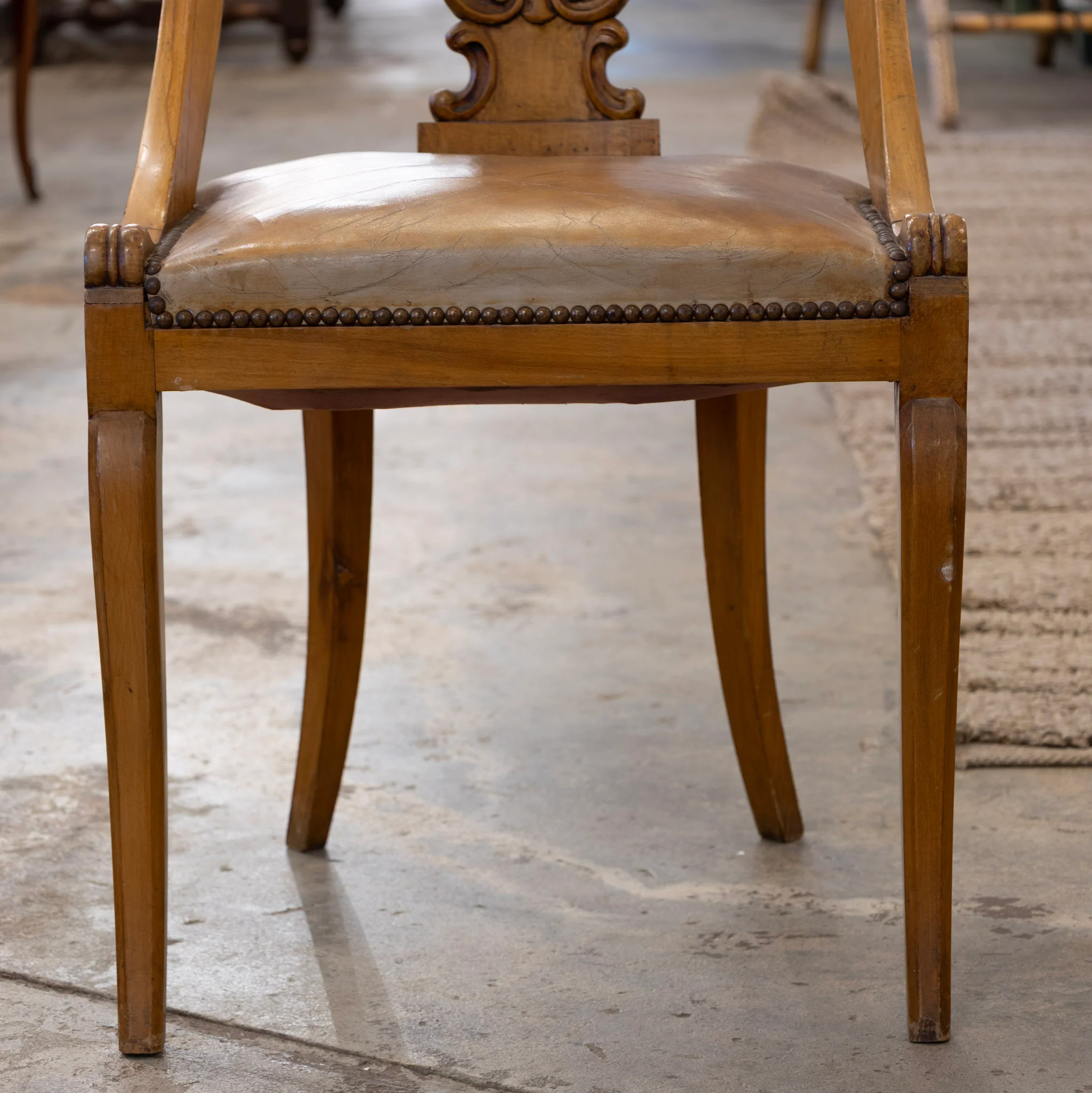 Biedermeier Dining Chair – Carved Scroll Open Back & Original Leather Seat - Image 4