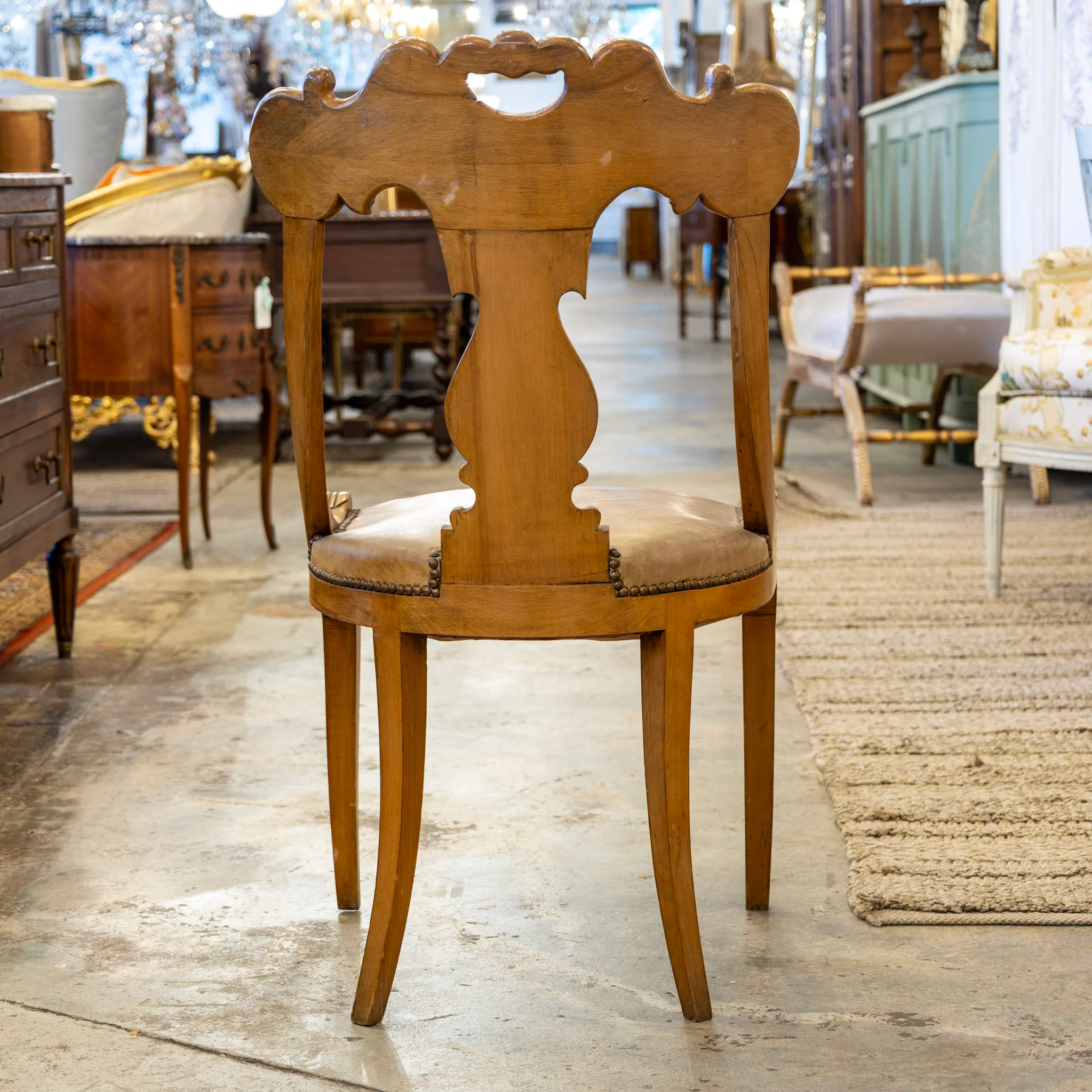 Biedermeier Dining Chair – Carved Scroll Open Back & Original Leather Seat - Image 5