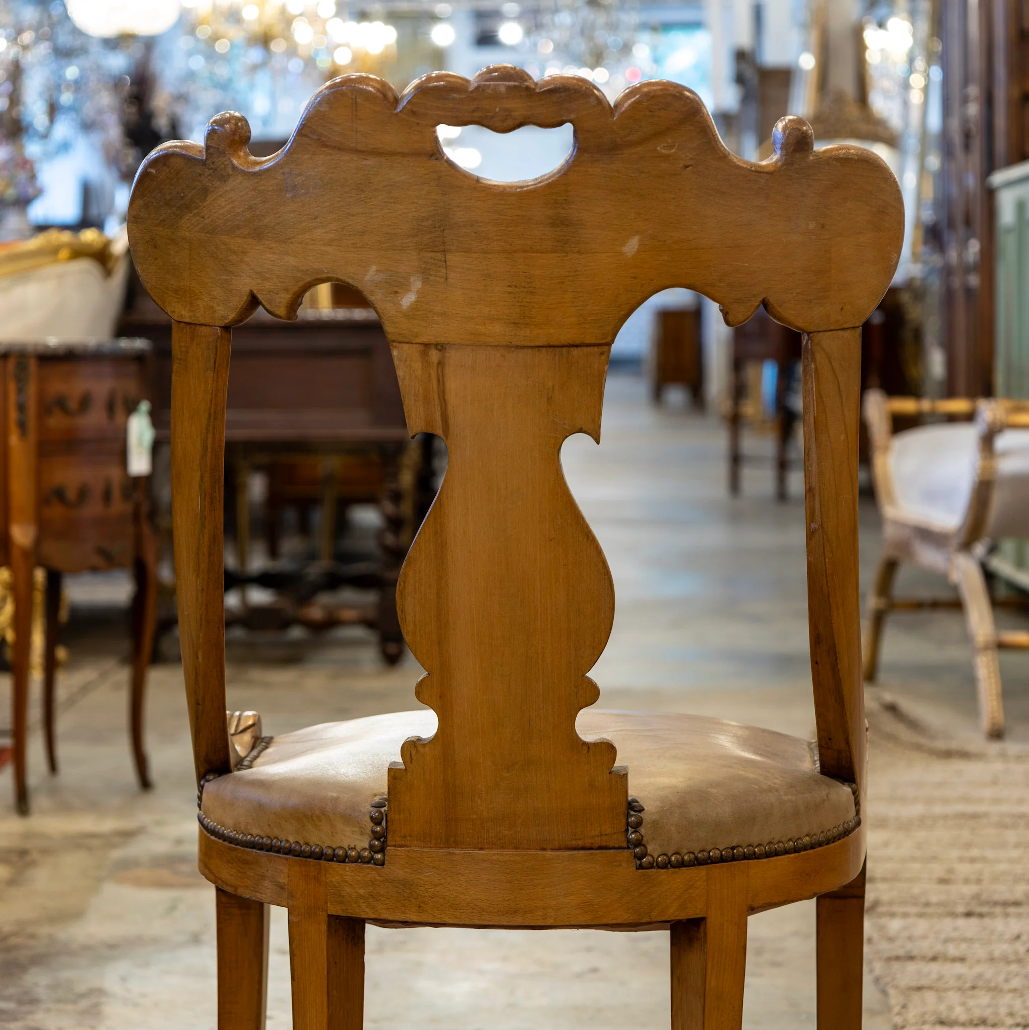 Biedermeier Dining Chair – Carved Scroll Open Back & Original Leather Seat - Image 6