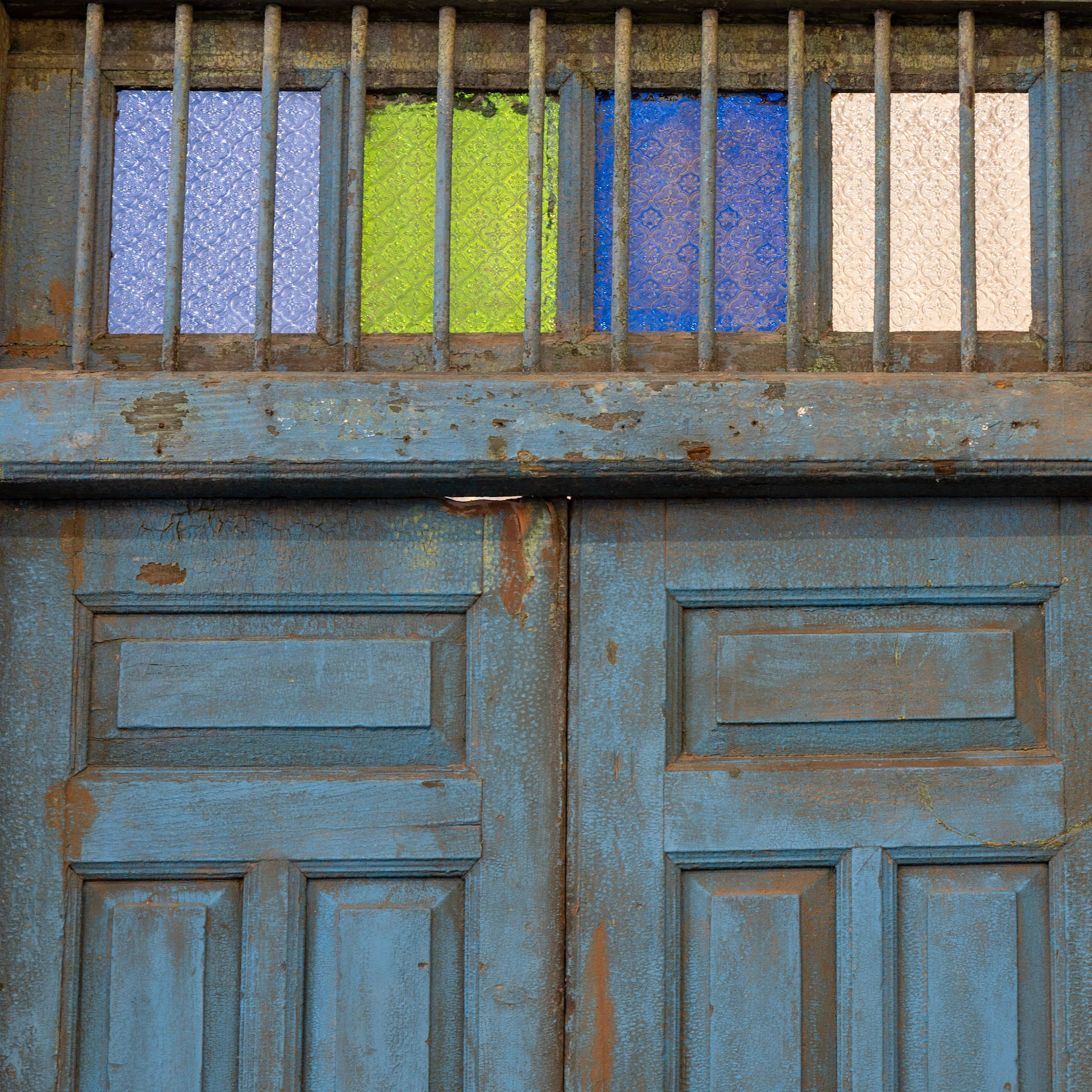 Blue Painted Double Doors – Distressed Finish with Stained Glass Transom - Image 3
