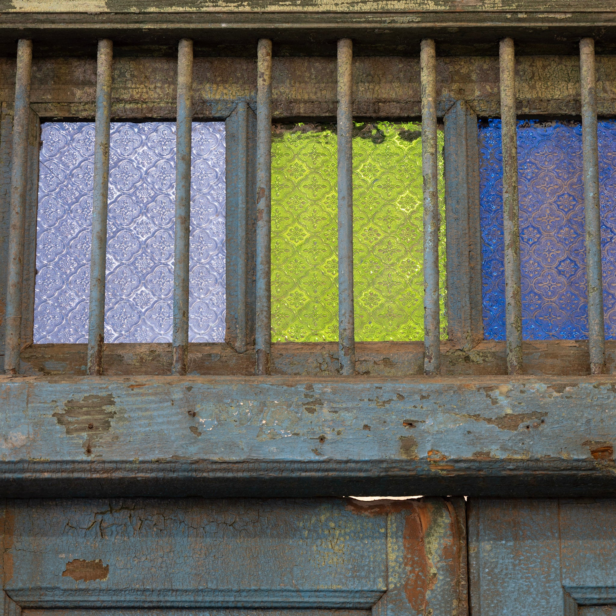 Blue Painted Double Doors – Distressed Finish with Stained Glass Transom - Image 8
