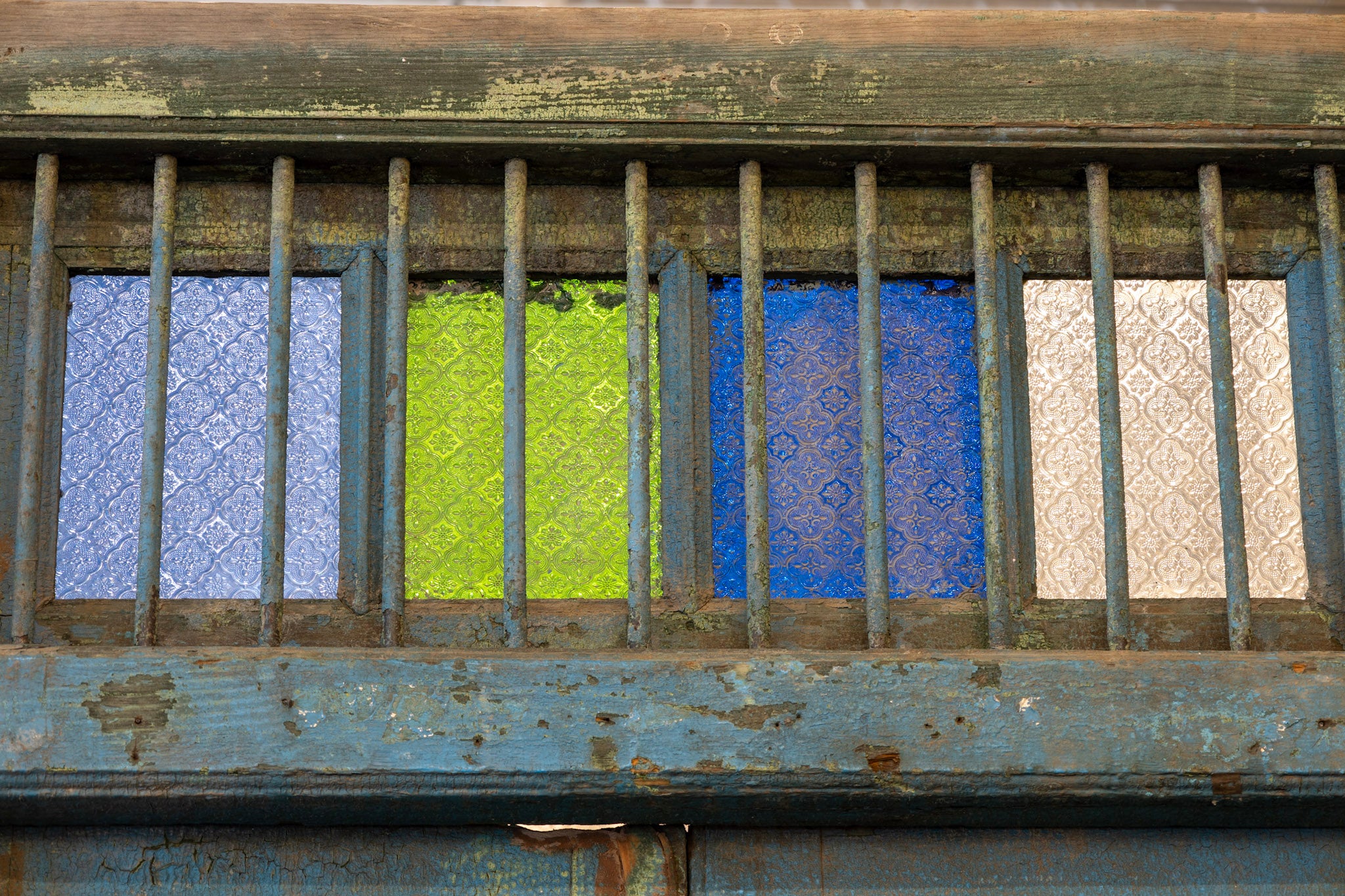 Blue Painted Double Doors – Distressed Finish with Stained Glass Transom - Image 9