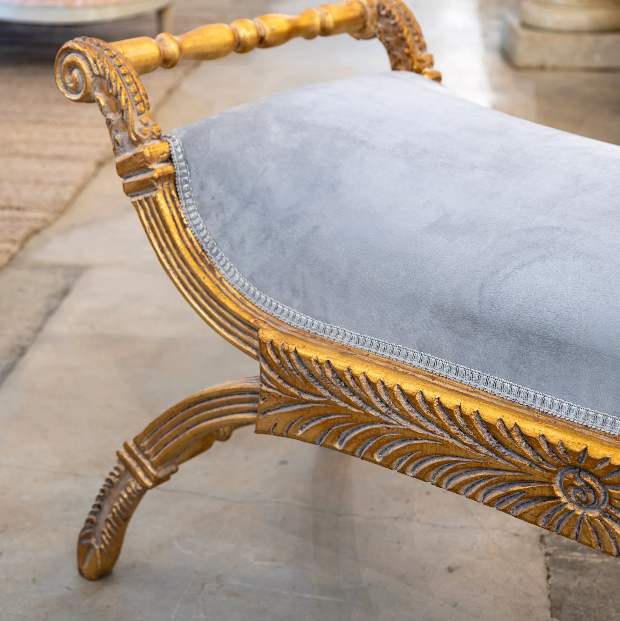 Boudoir Bench – Carved Detailing & Blue Velvet Seat - Image 3