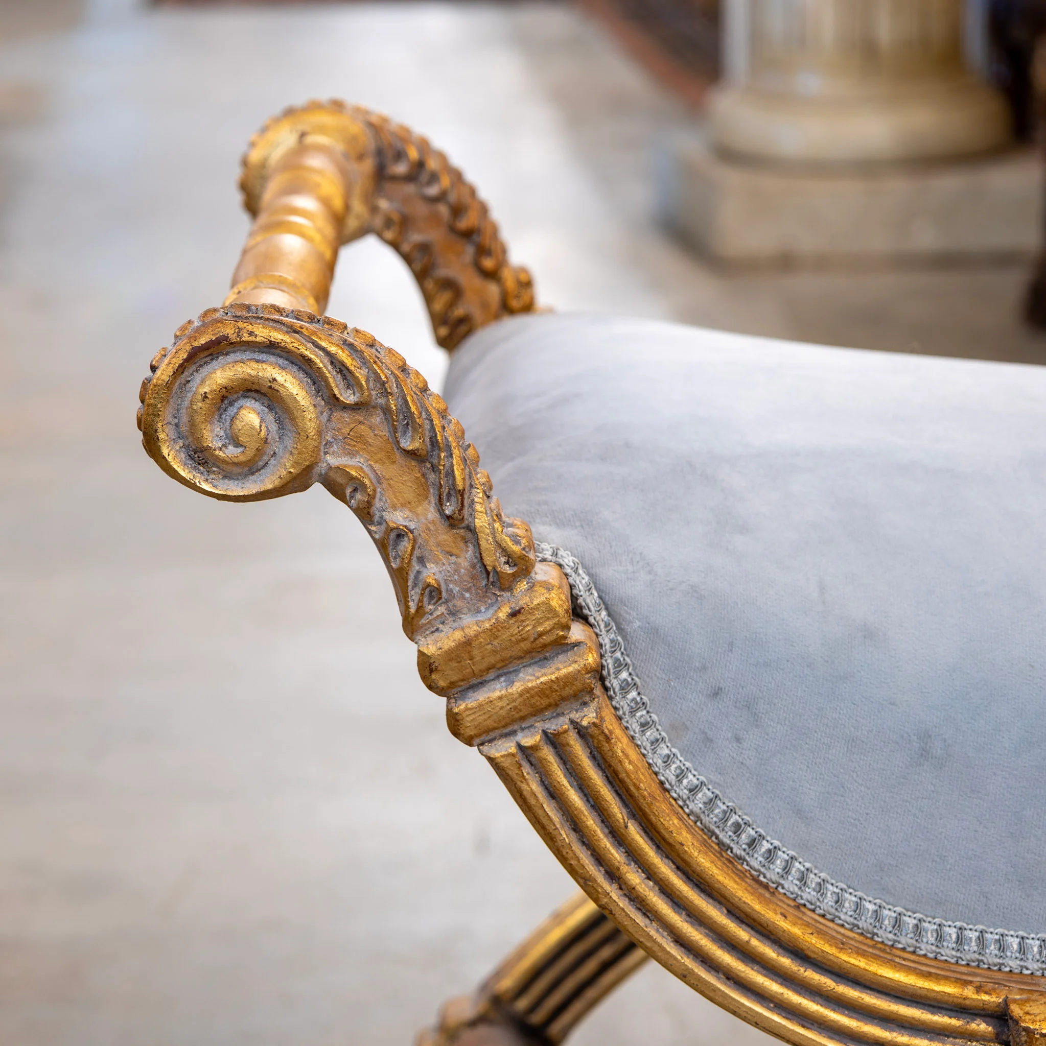 Boudoir Bench – Carved Detailing & Blue Velvet Seat - Image 5