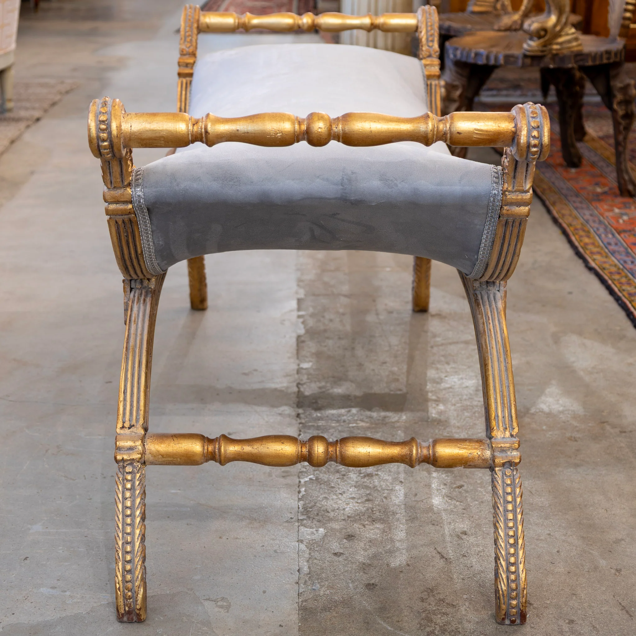 Boudoir Bench – Carved Detailing & Blue Velvet Seat - Image 6