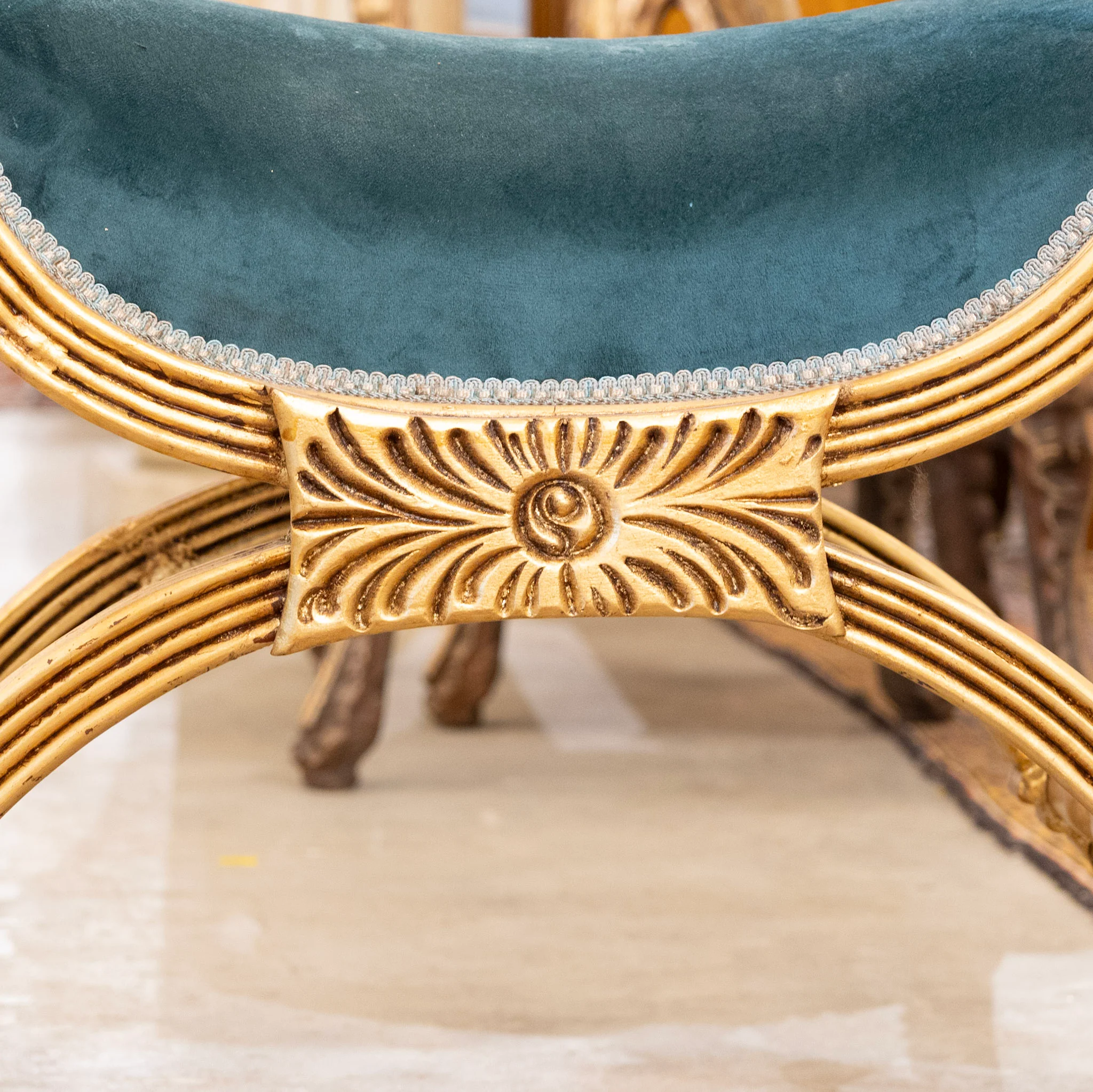 Boudoir Stool – Gold Carved Trim & Dark Green Velvet Upholstery - Image 3
