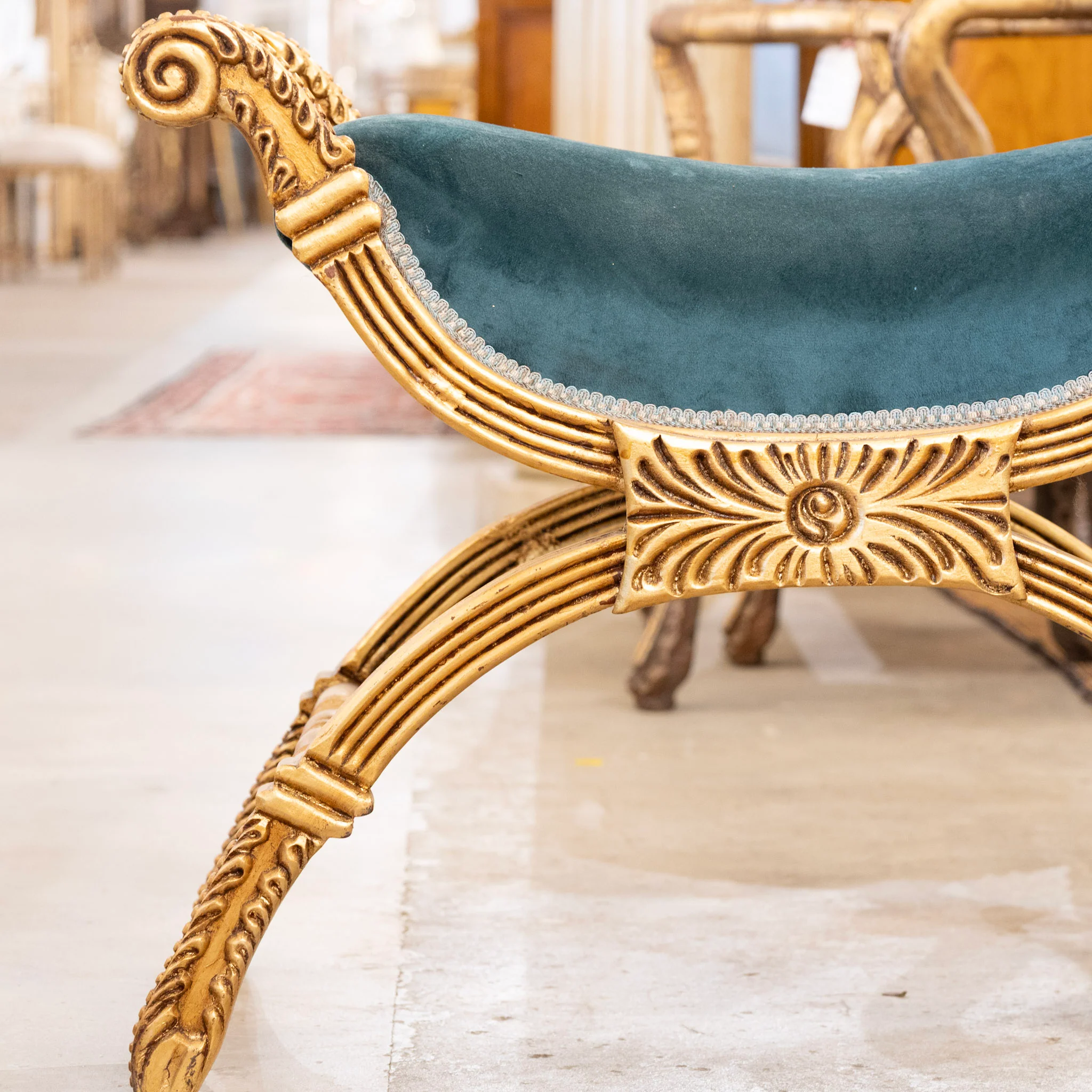 Boudoir Stool – Gold Carved Trim & Dark Green Velvet Upholstery - Image 4