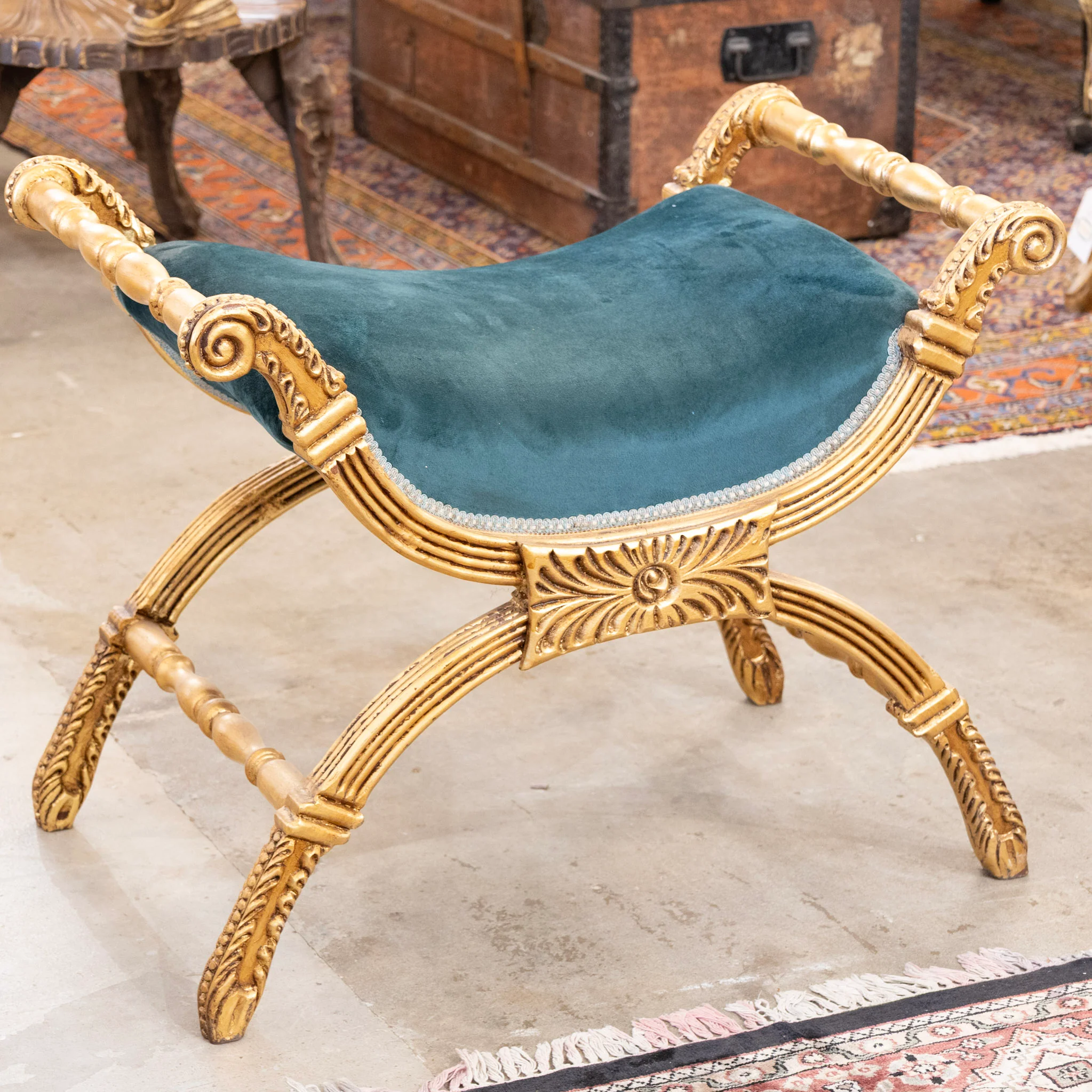 Boudoir Stool – Gold Carved Trim & Dark Green Velvet Upholstery - Image 5