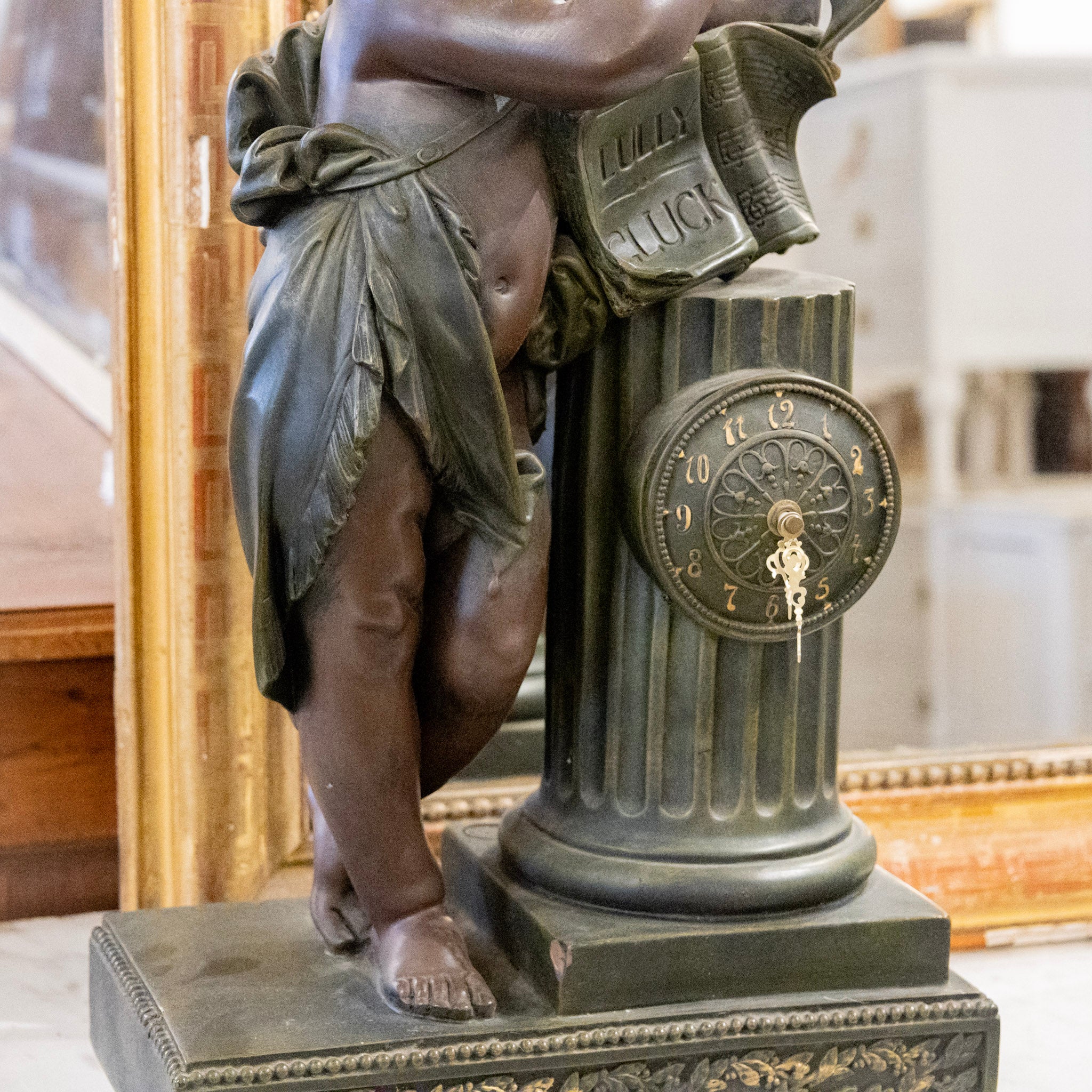 French Bronze Cherub Mantel Clock – Fluted Column & Musical Motif - Image 6