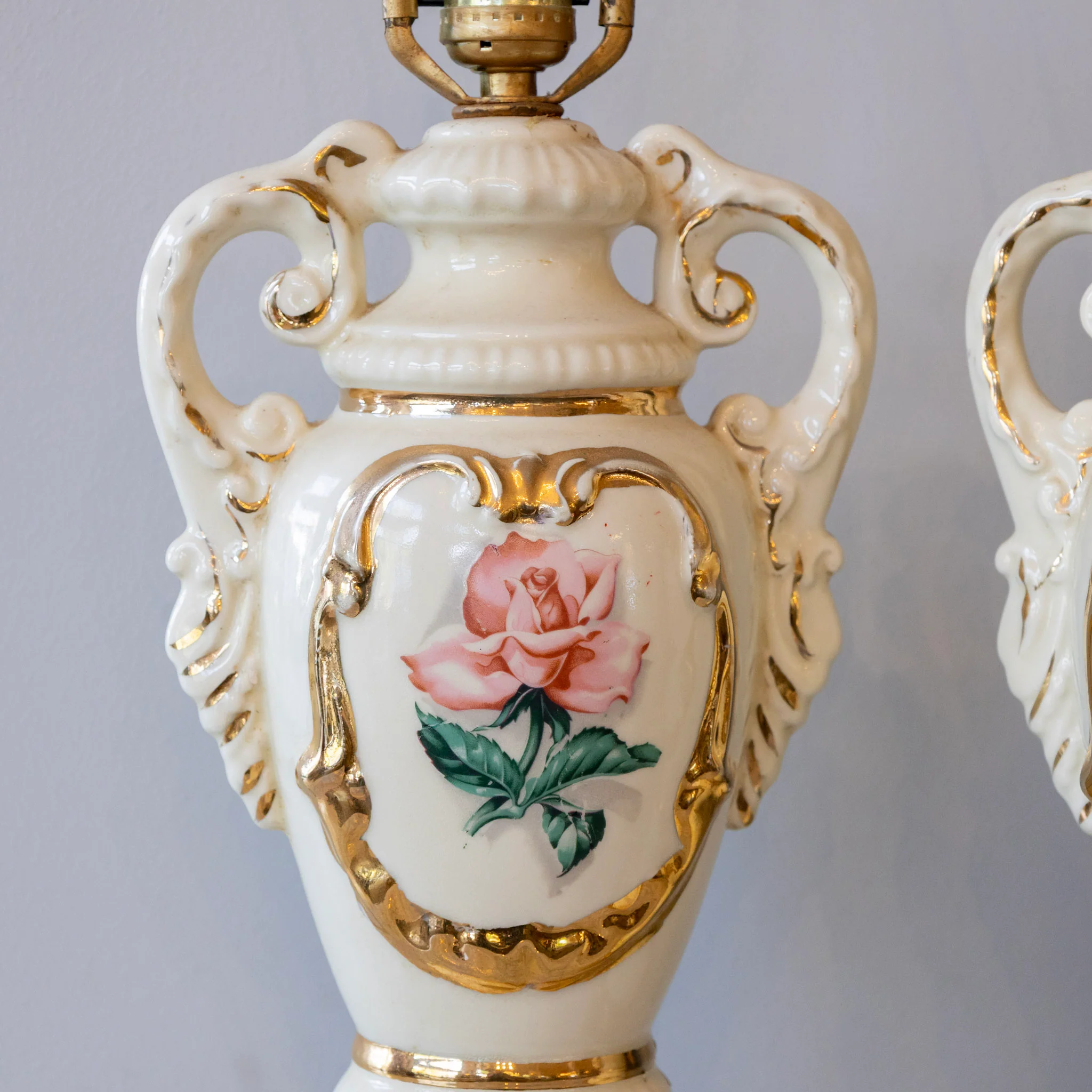 French Ceramic Table Lamps – Rose Painted & Gilded Accents - Image 3