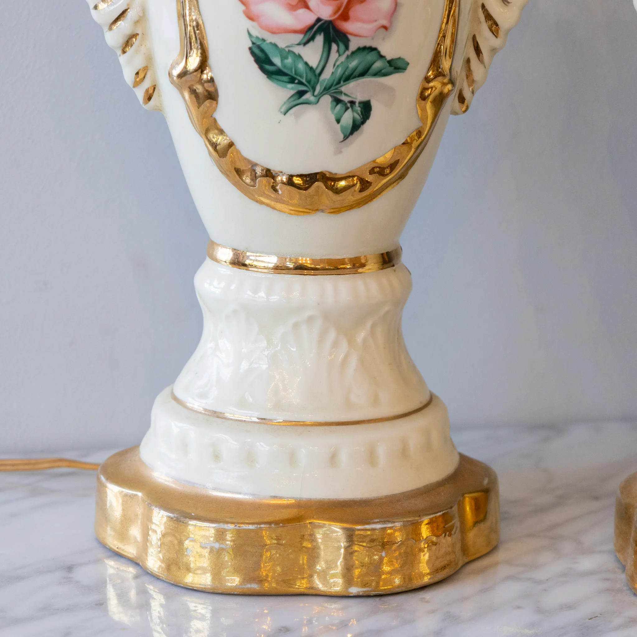 French Ceramic Table Lamps – Rose Painted & Gilded Accents - Image 4