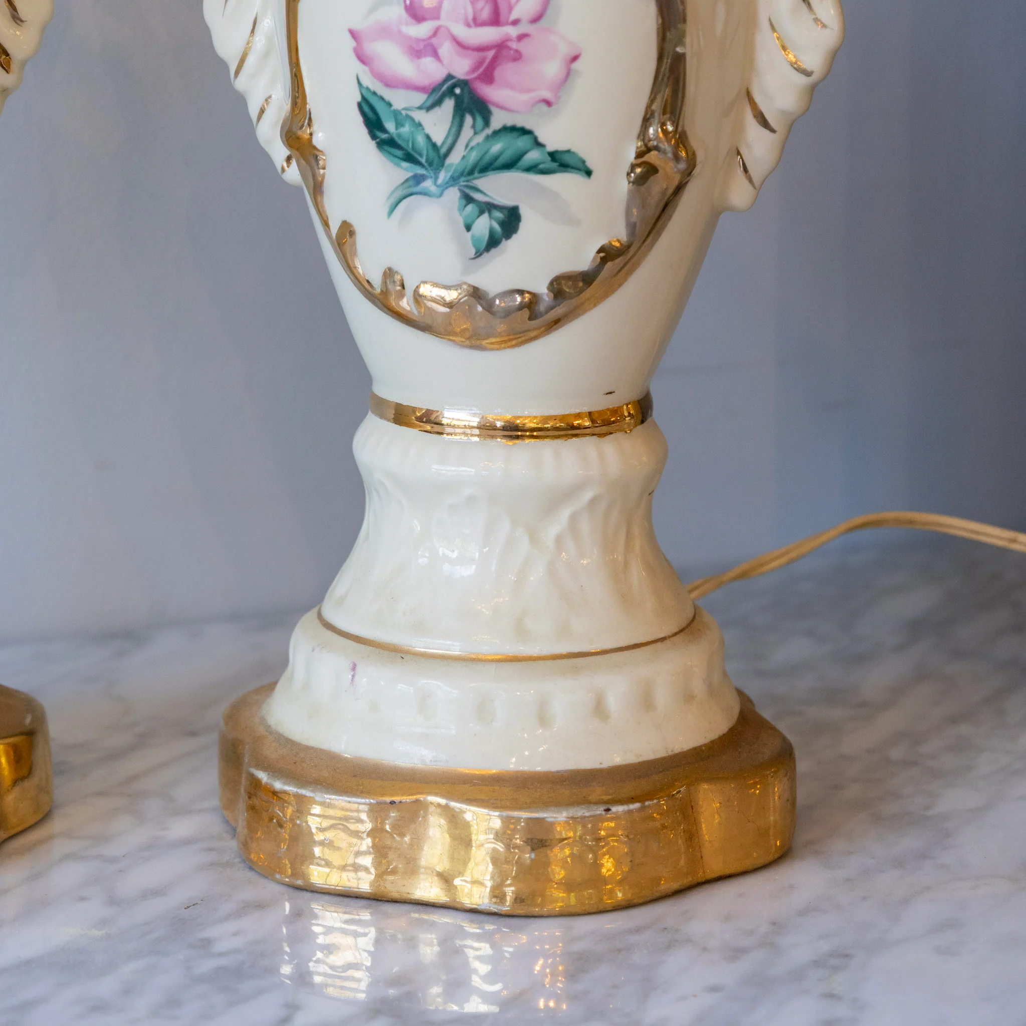 French Ceramic Table Lamps – Rose Painted & Gilded Accents - Image 5