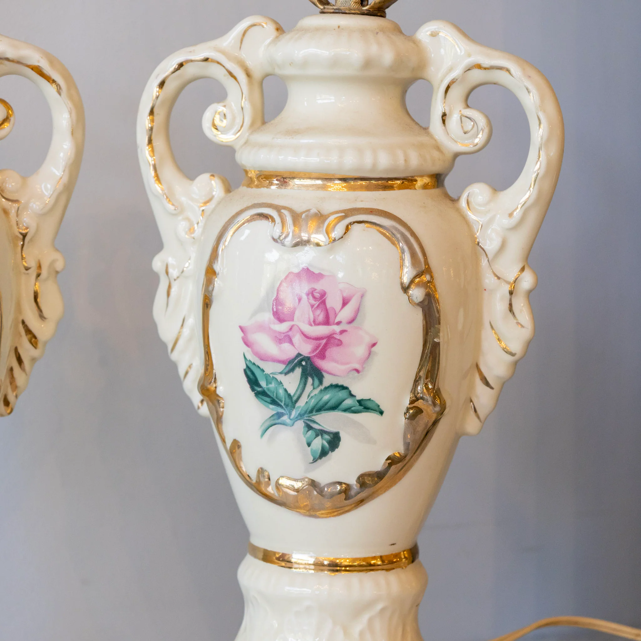 French Ceramic Table Lamps – Rose Painted & Gilded Accents - Image 6
