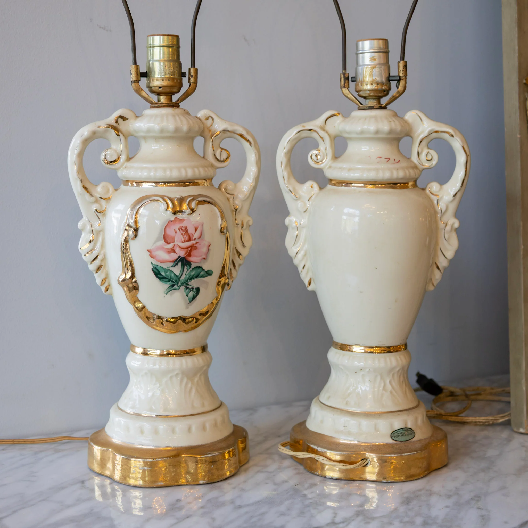 French Ceramic Table Lamps – Rose Painted & Gilded Accents - Image 7