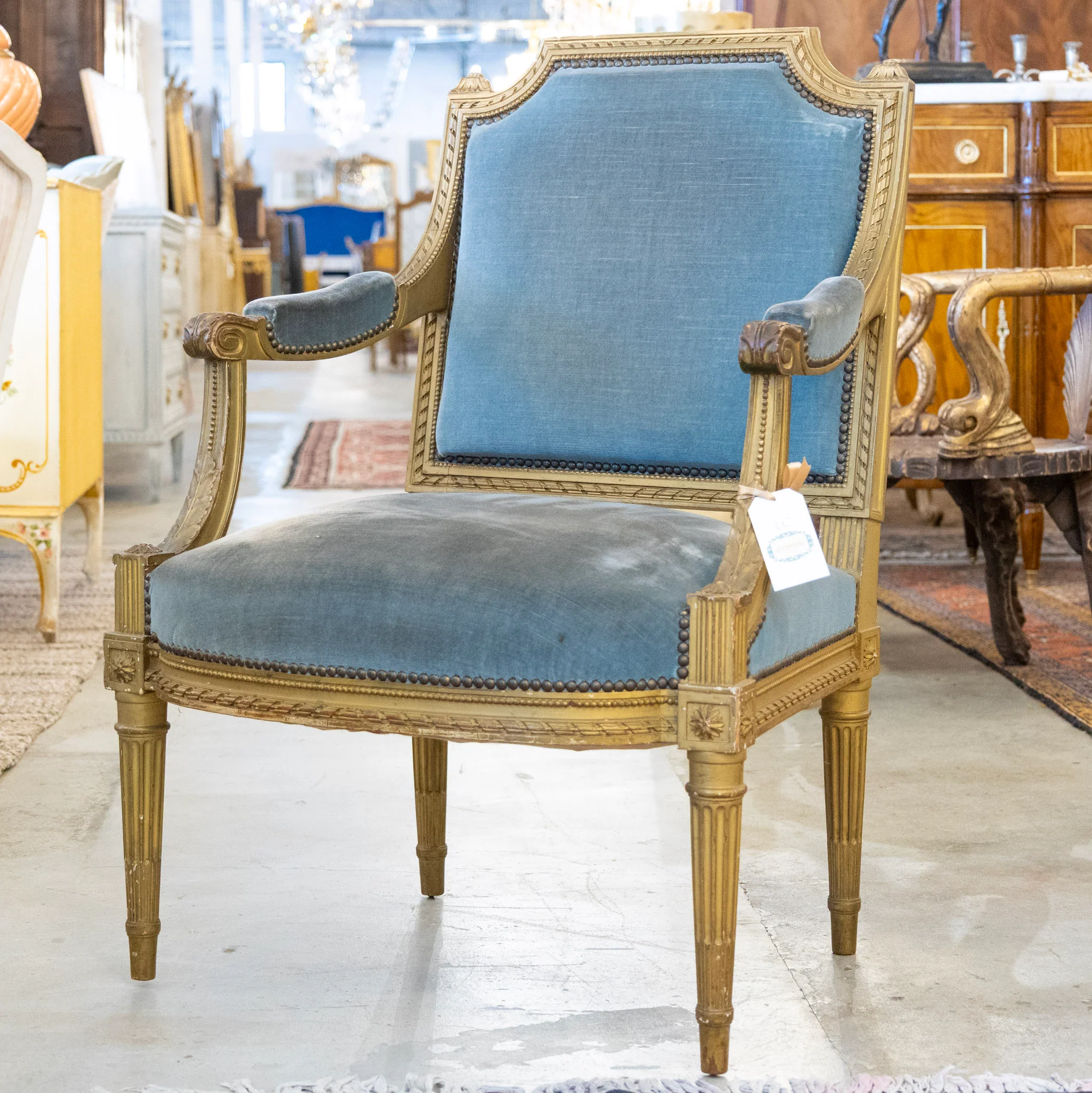 Louis XVI Captain Chair in Blue – Gilded Frame & Original Patina - Image 3