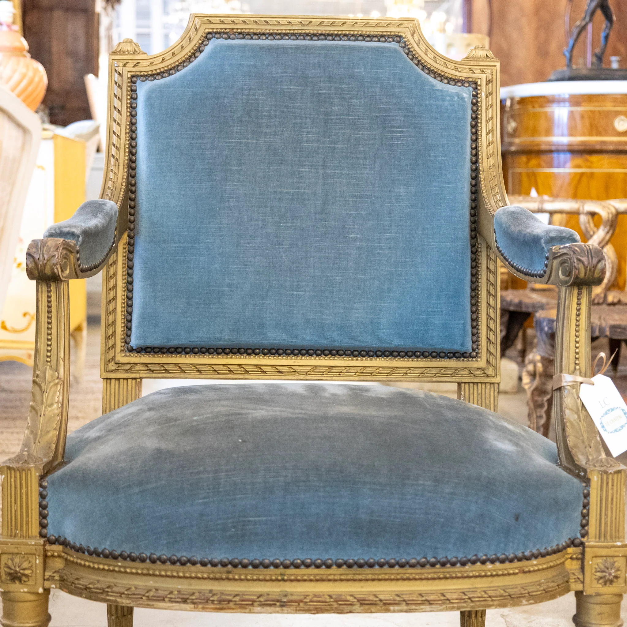 Louis XVI Captain Chair in Blue – Gilded Frame & Original Patina - Image 4