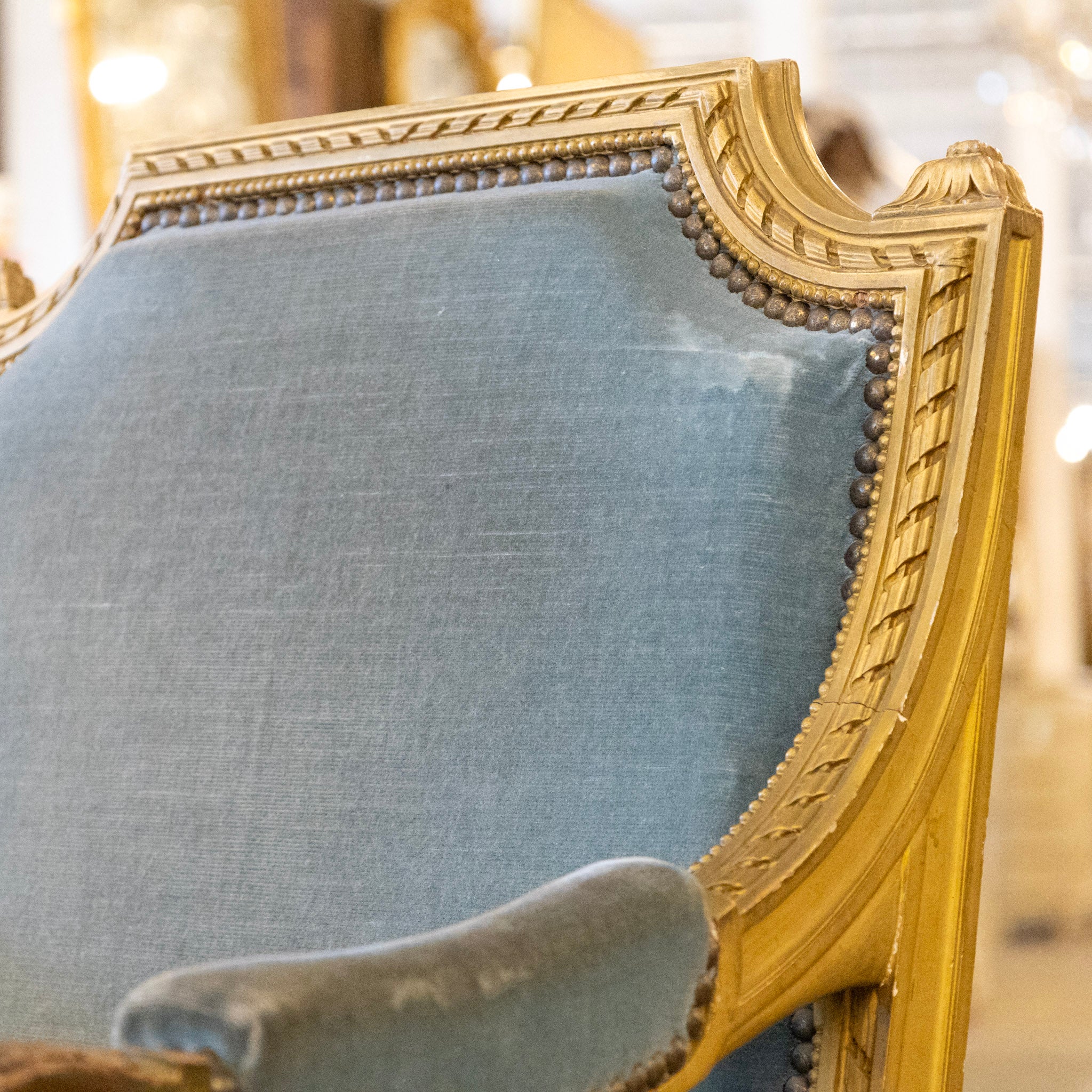 Louis XVI Captain Chair in Blue – Gilded Frame & Original Patina - Image 7