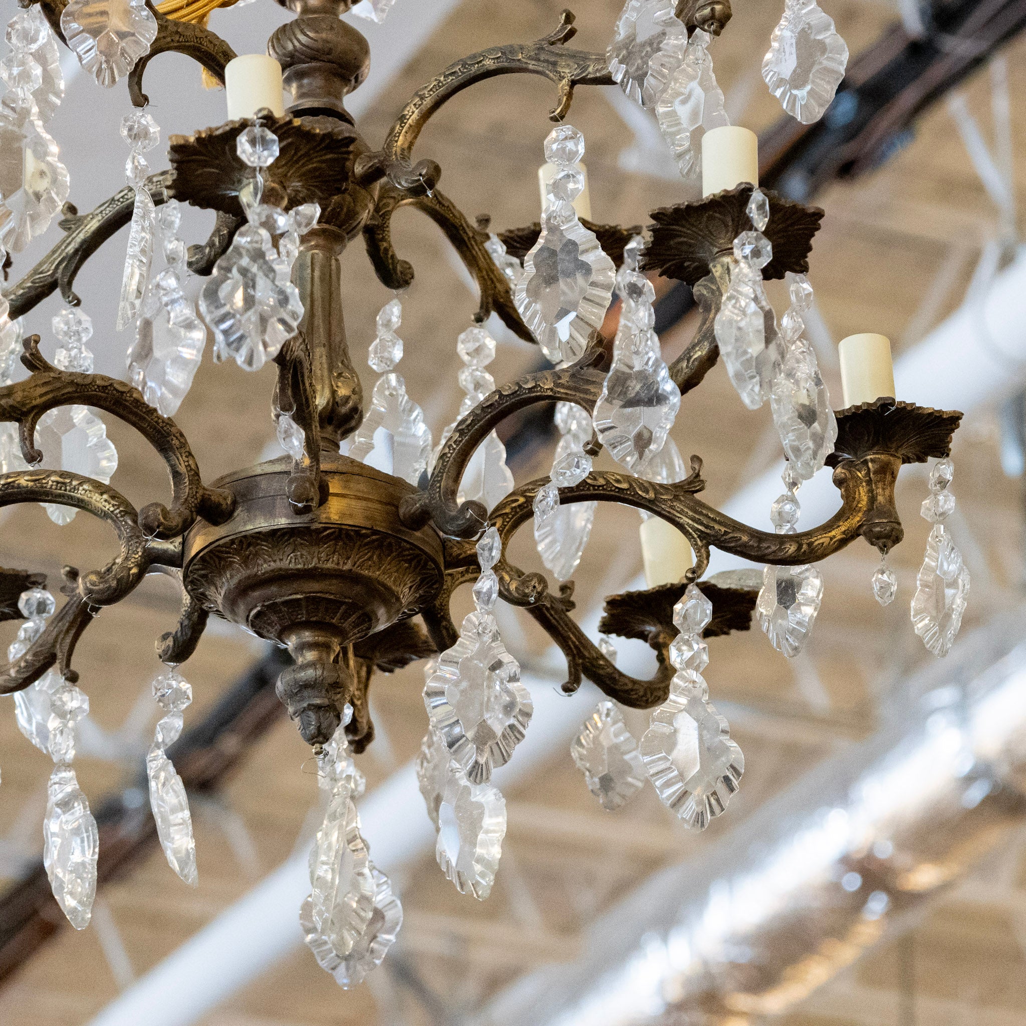 Petite French Candelabra Brass Chandelier – Crystal Drops & Leaf Trim - Image 3