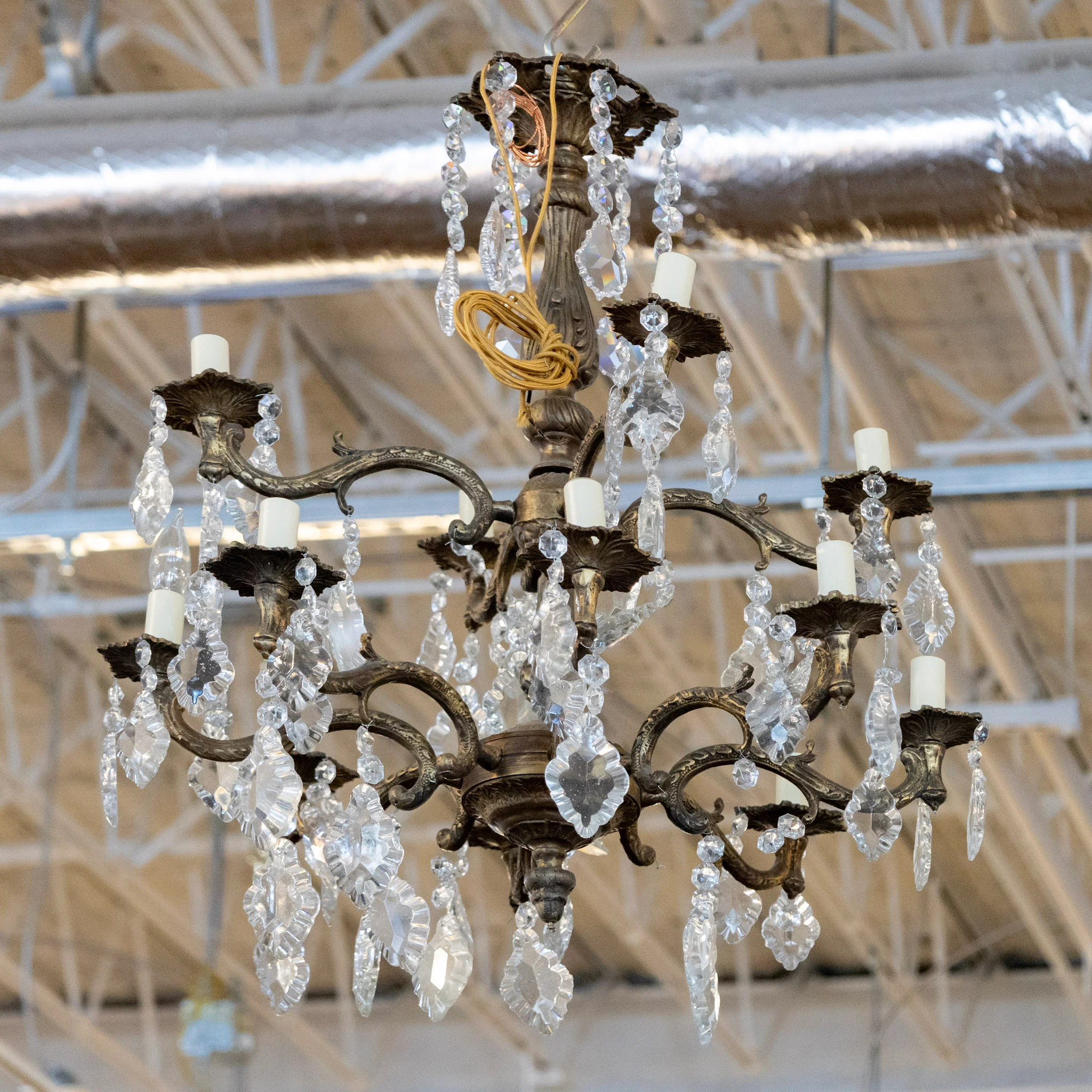 Petite French Candelabra Brass Chandelier – Crystal Drops & Leaf Trim - Image 4