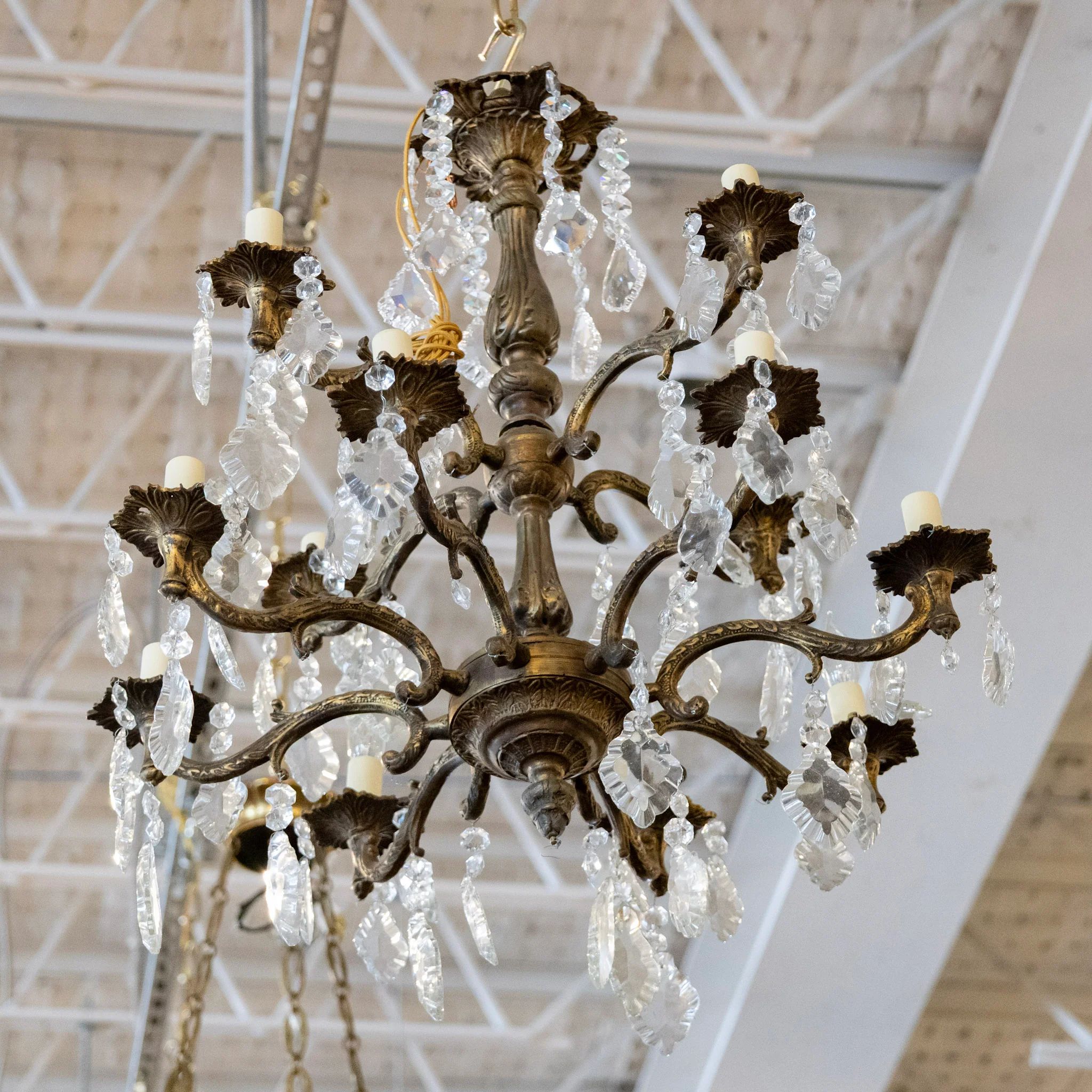 Petite French Candelabra Brass Chandelier – Crystal Drops & Leaf Trim - Image 5
