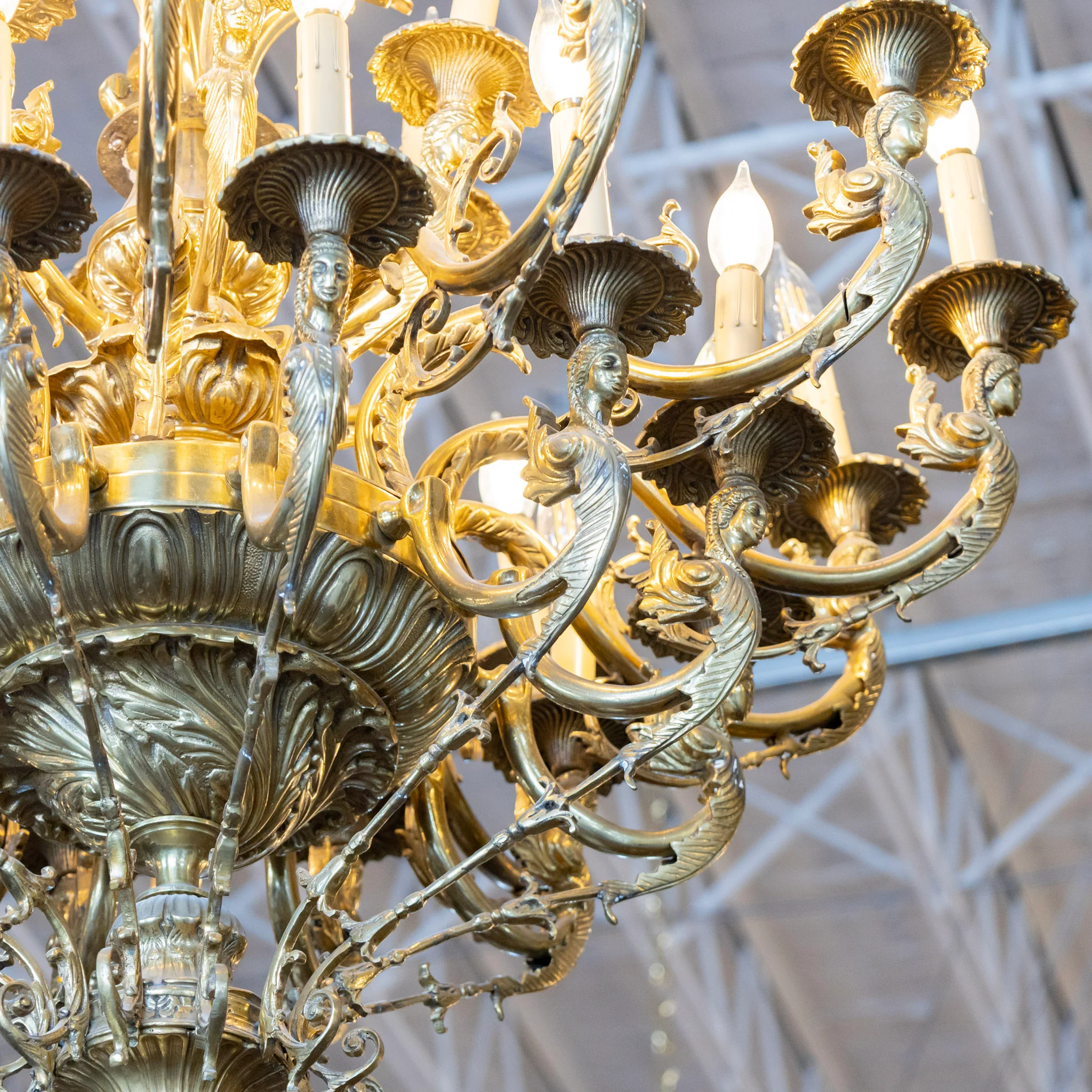 French Empire Brass Chandelier – Ornate Frame & Figural Arms - Image 3