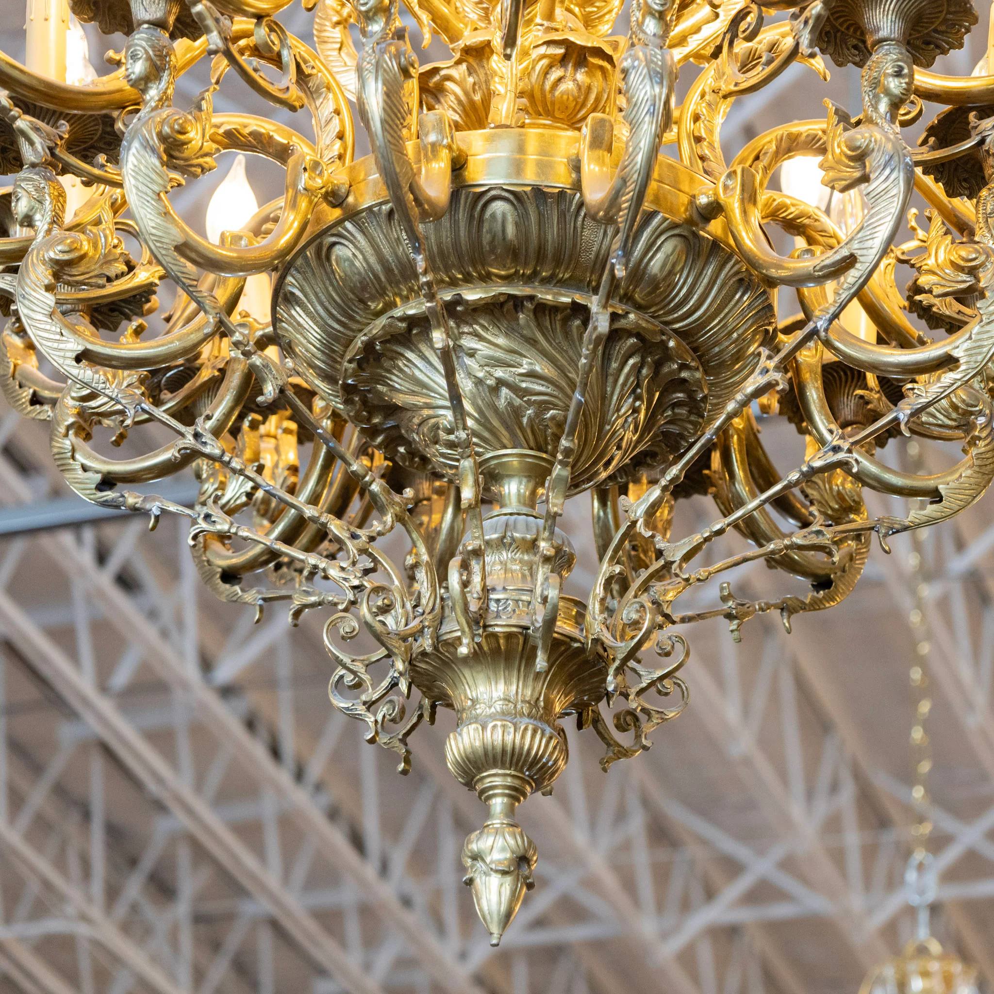 French Empire Brass Chandelier – Ornate Frame & Figural Arms - Image 4