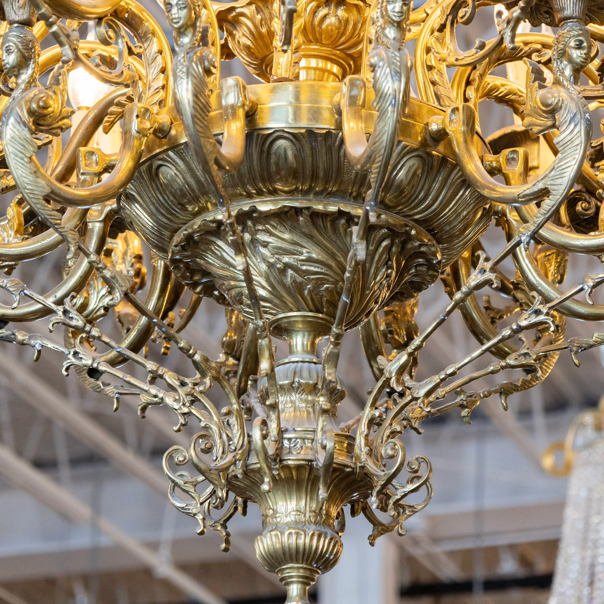 French Empire Brass Chandelier – Ornate Frame & Figural Arms - Image 5