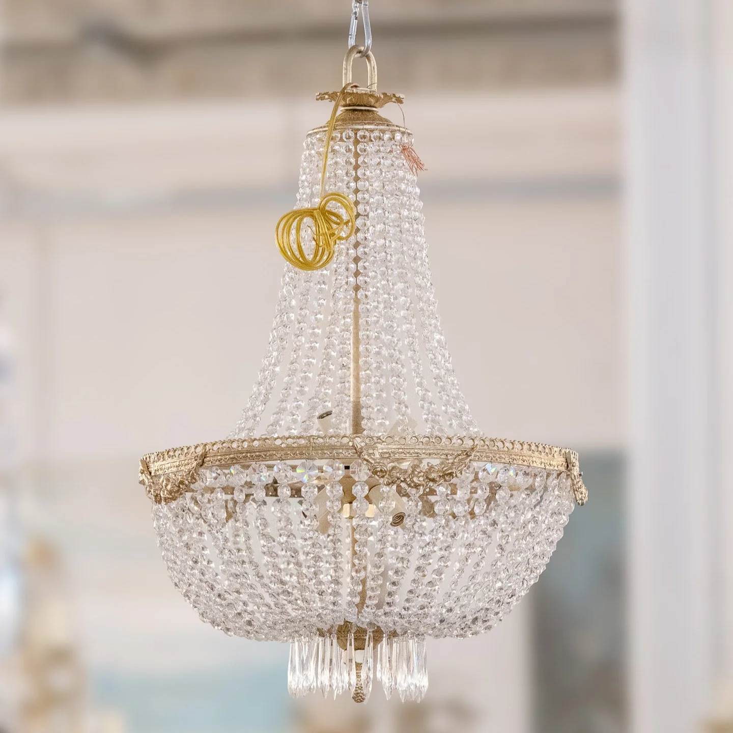 Petite French Empire Basket Brass Chandelier –  Beaded Crystals & Icicle Drops
