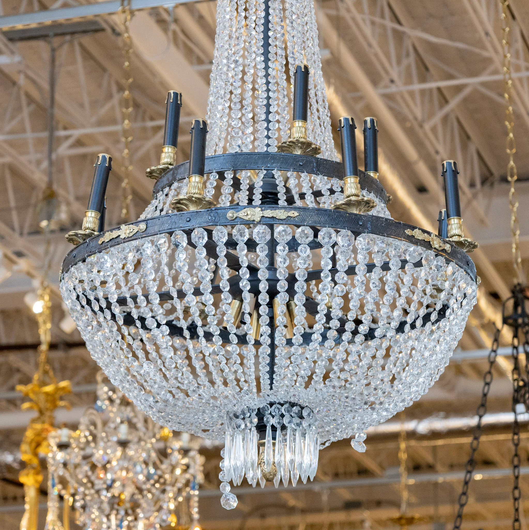 French Empire Iron Basket Chandelier – Beaded Crystal & Brass Accents - Image 3