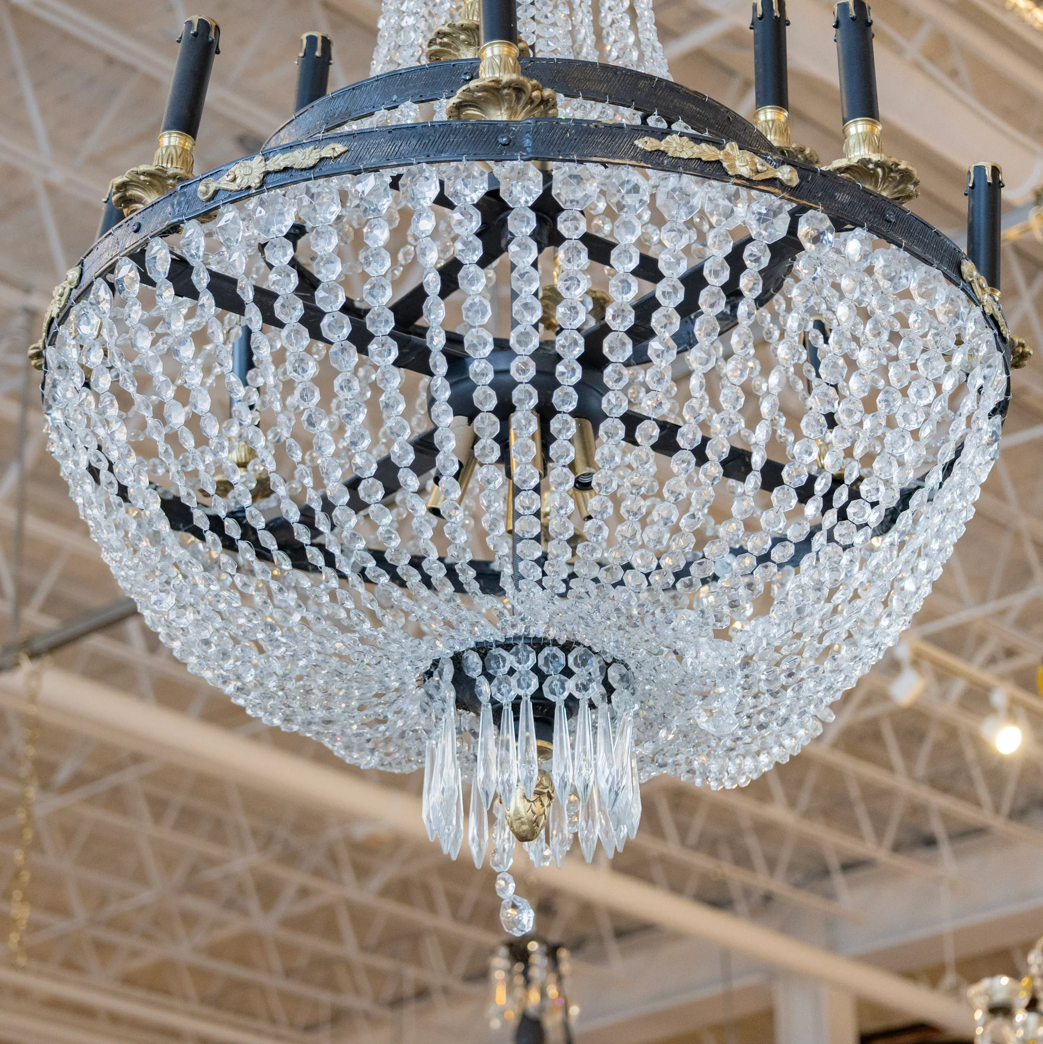 French Empire Iron Basket Chandelier – Beaded Crystal & Brass Accents - Image 4