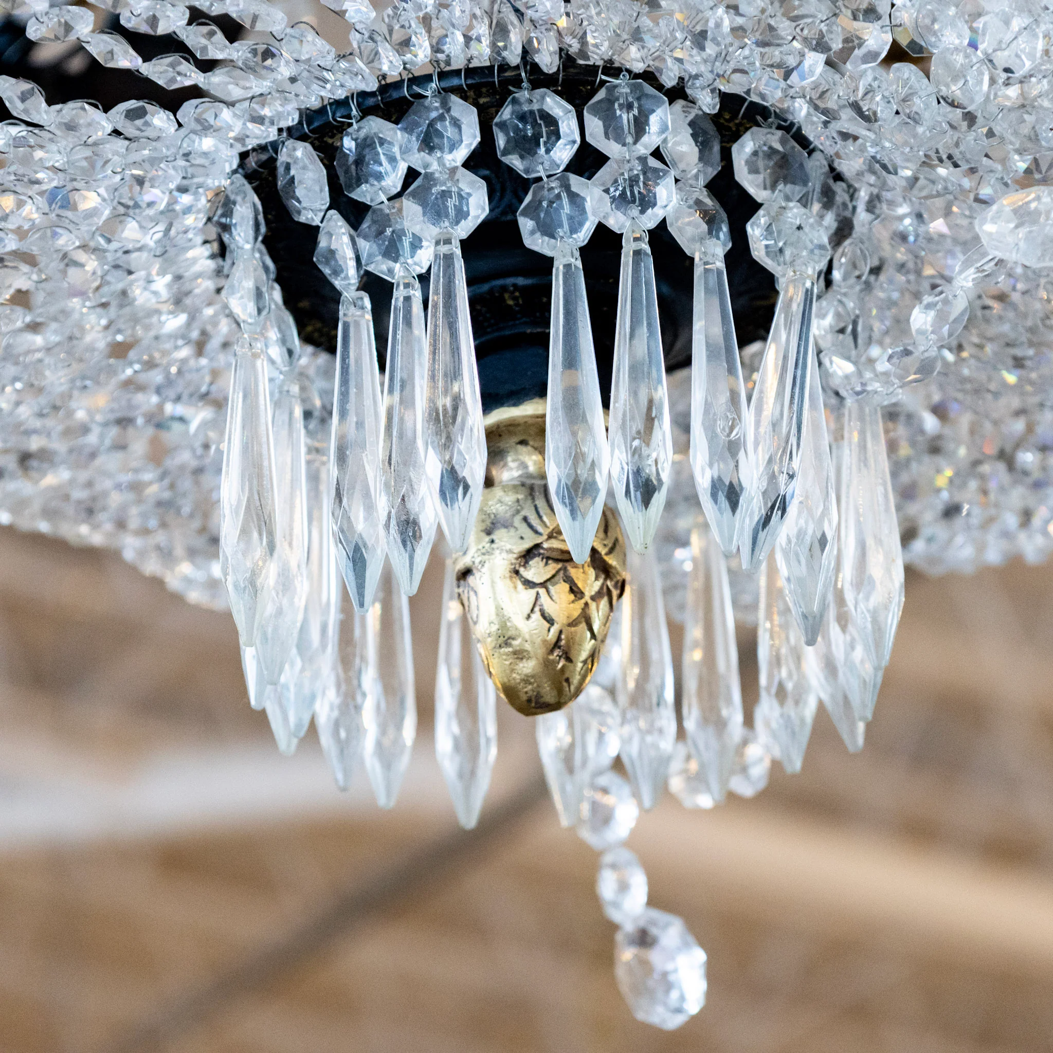 French Empire Iron Basket Chandelier – Beaded Crystal & Brass Accents - Image 6