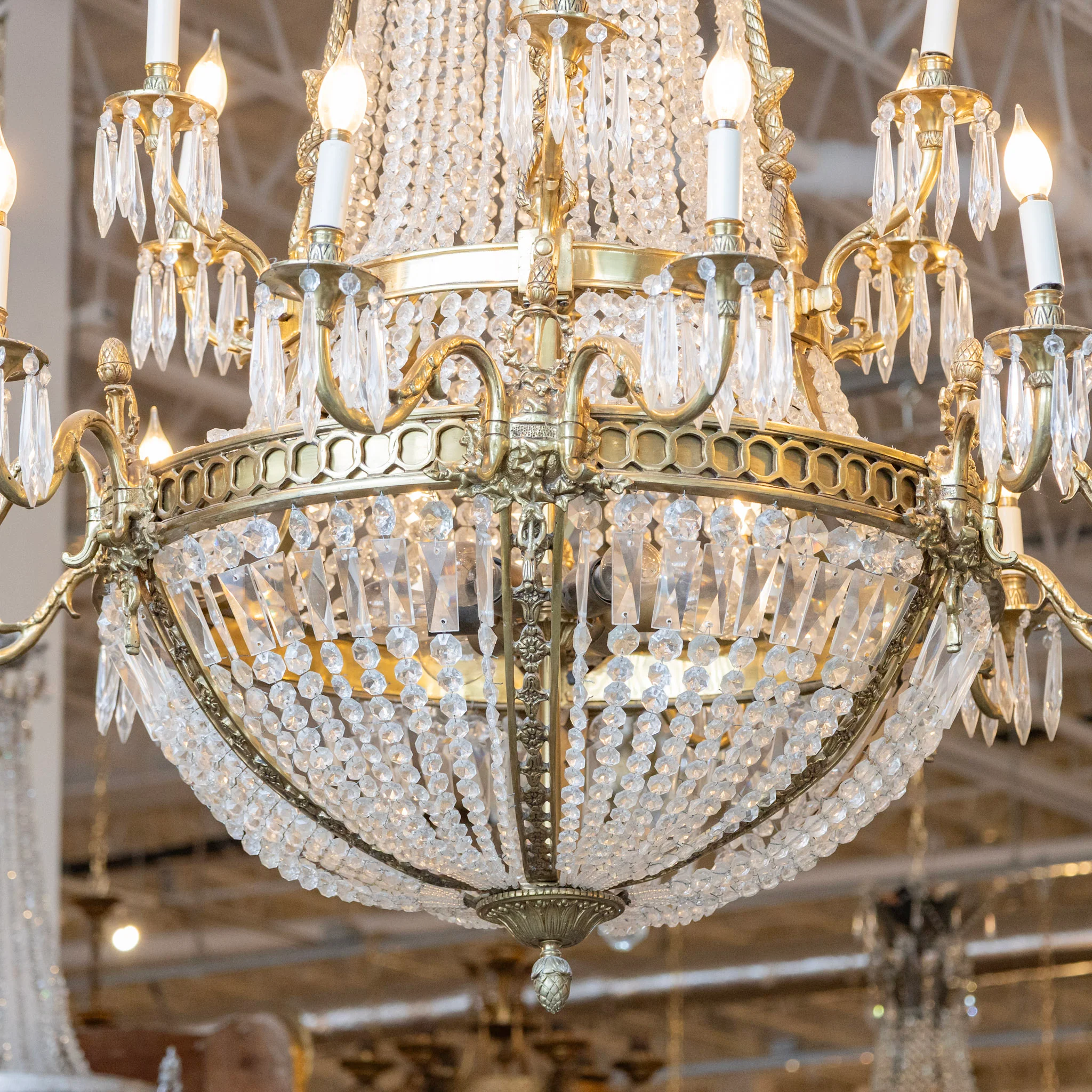 Medium French Empire Basket Brass Chandelier – Serpentine Frame & Beaded Crystal with Icicle Drops - Image 3