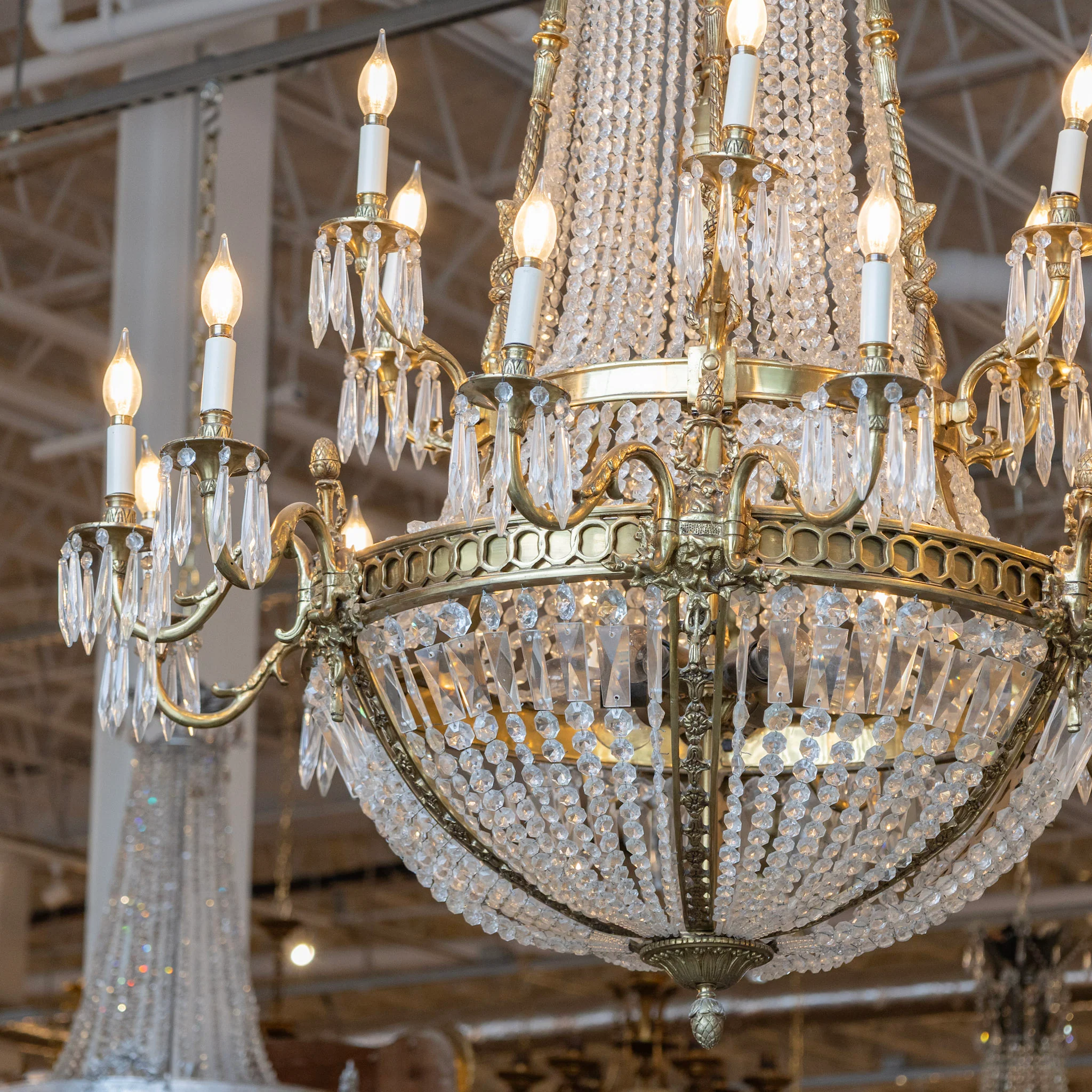 Medium French Empire Basket Brass Chandelier – Serpentine Frame & Beaded Crystal with Icicle Drops - Image 4
