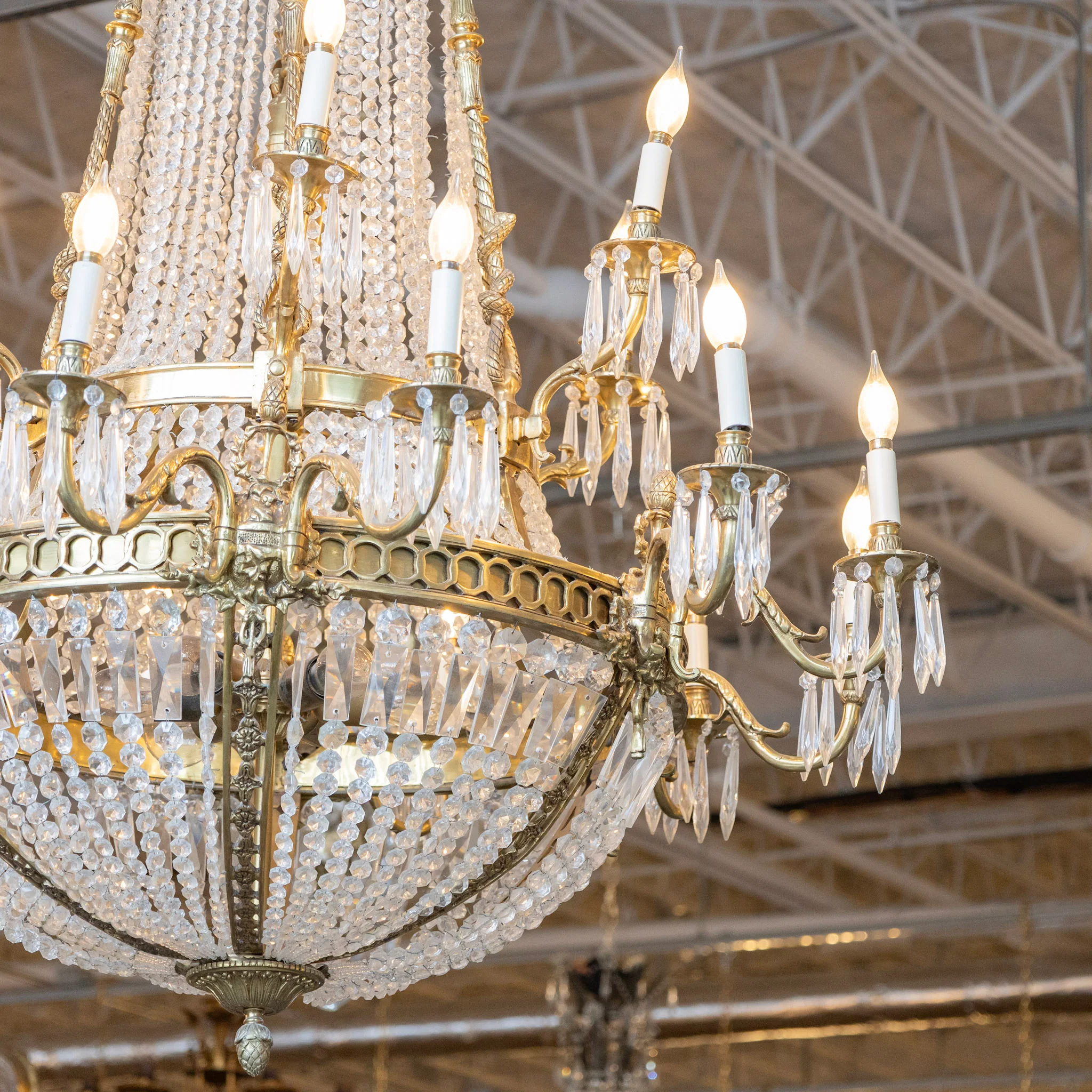 Medium French Empire Basket Brass Chandelier – Serpentine Frame & Beaded Crystal with Icicle Drops - Image 5