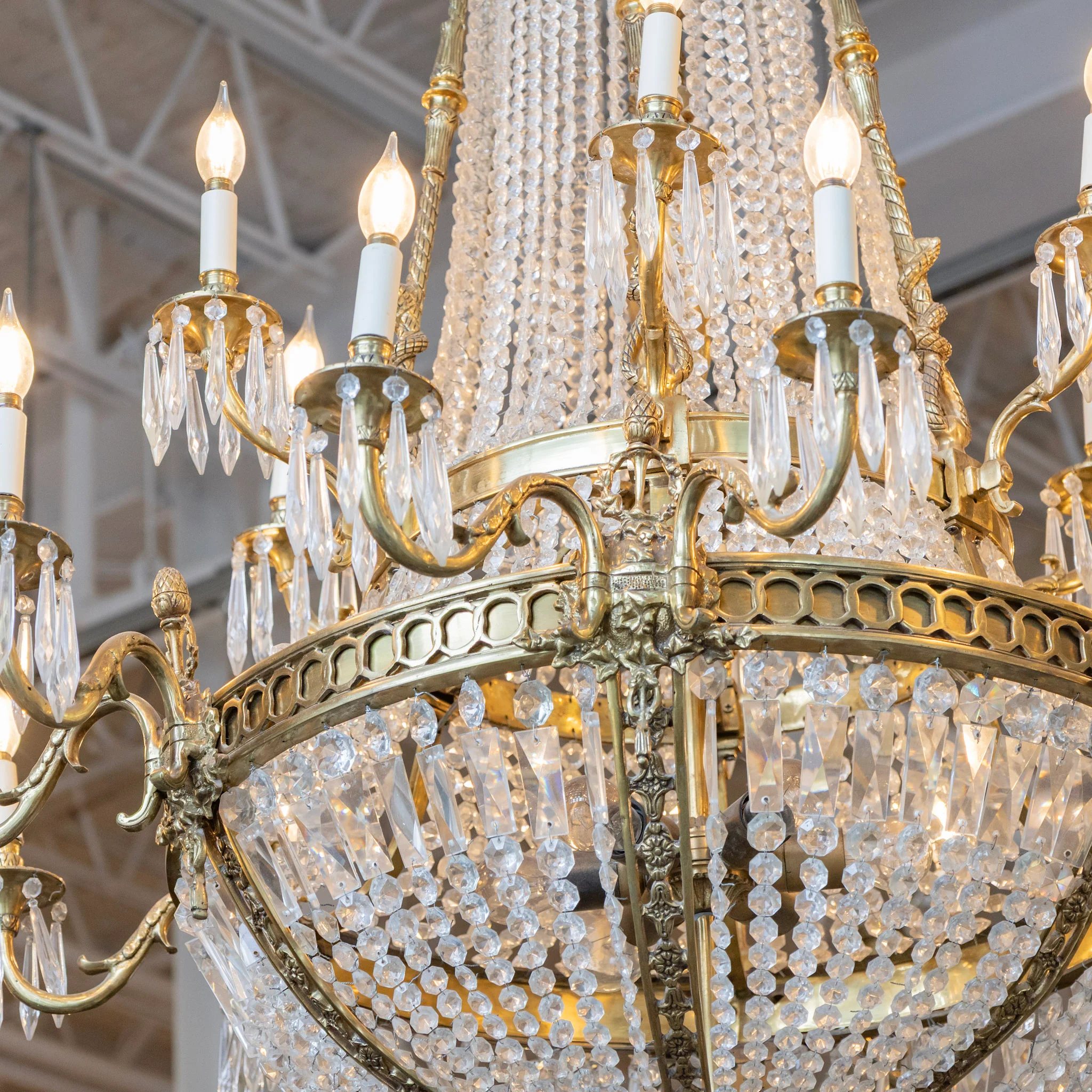 Medium French Empire Basket Brass Chandelier – Serpentine Frame & Beaded Crystal with Icicle Drops - Image 6