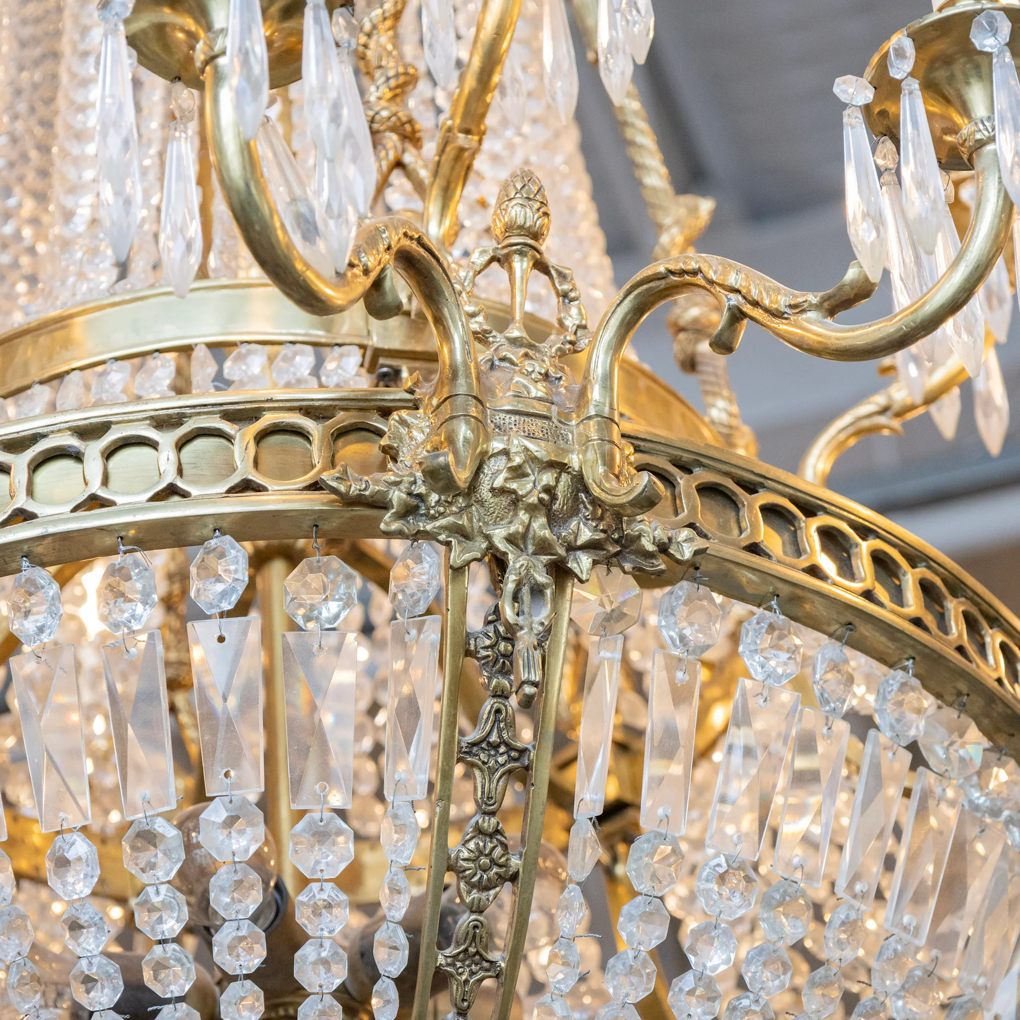 Medium French Empire Basket Brass Chandelier – Serpentine Frame & Beaded Crystal with Icicle Drops - Image 7