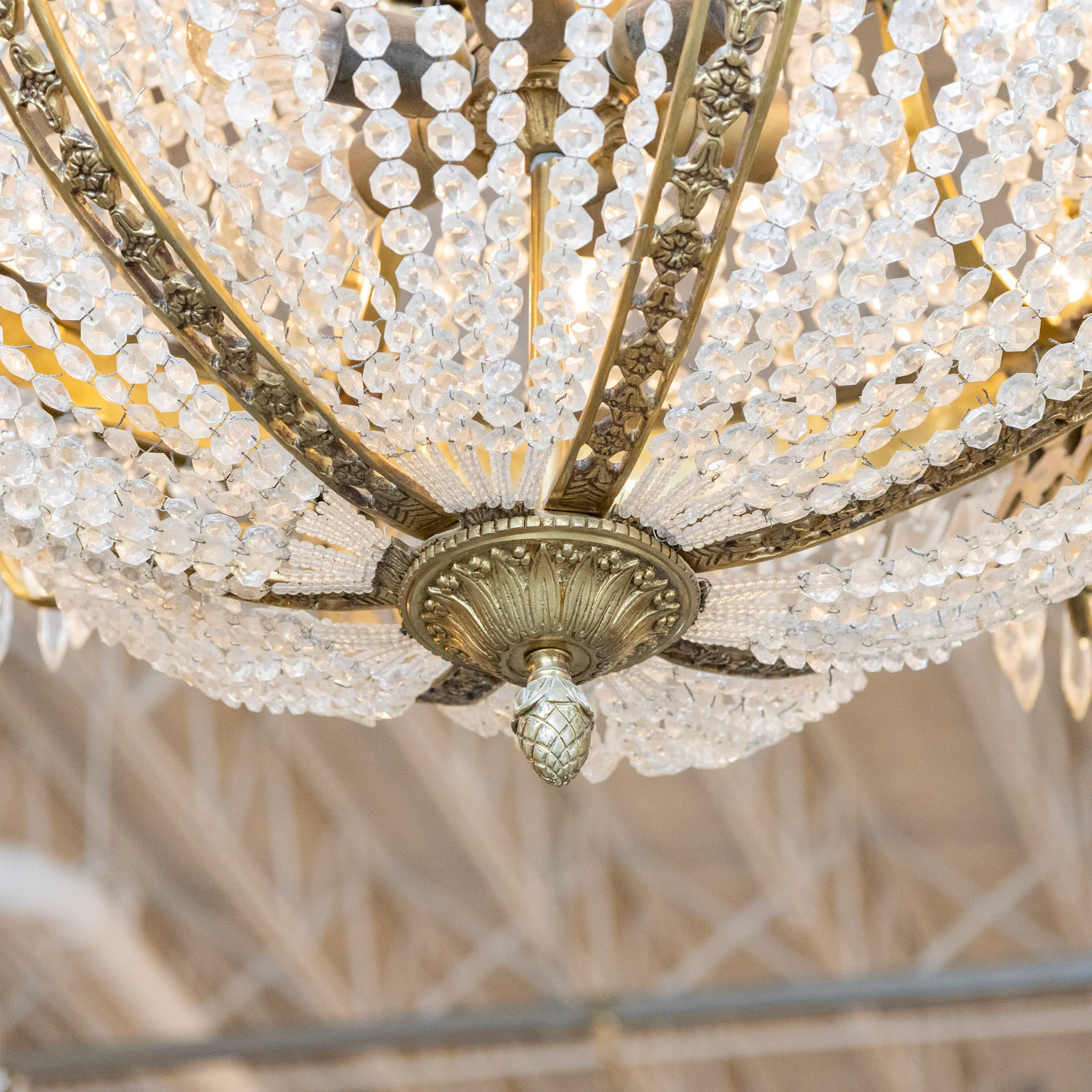 Medium French Empire Basket Brass Chandelier – Serpentine Frame & Beaded Crystal with Icicle Drops - Image 8