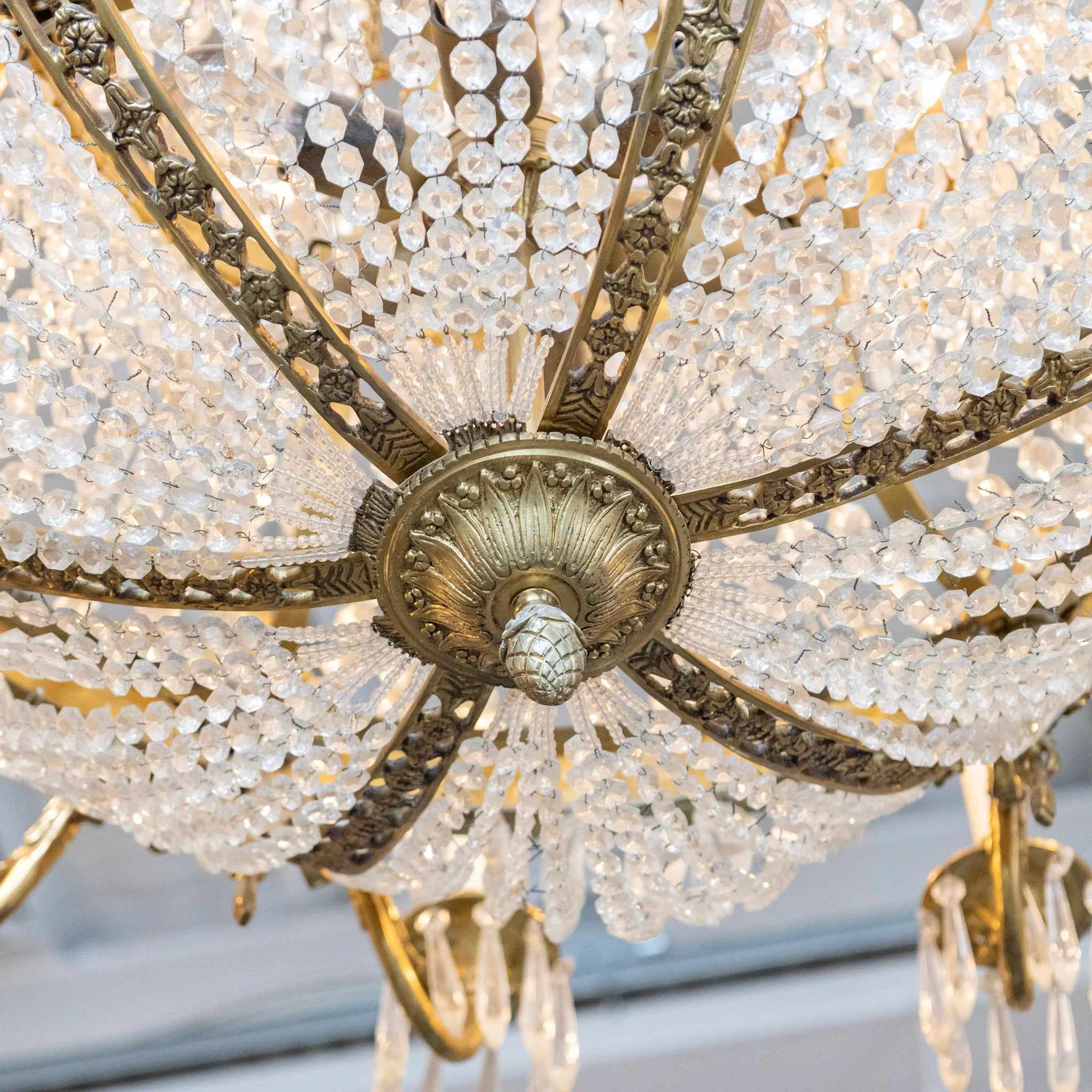 Medium French Empire Basket Brass Chandelier – Serpentine Frame & Beaded Crystal with Icicle Drops - Image 9