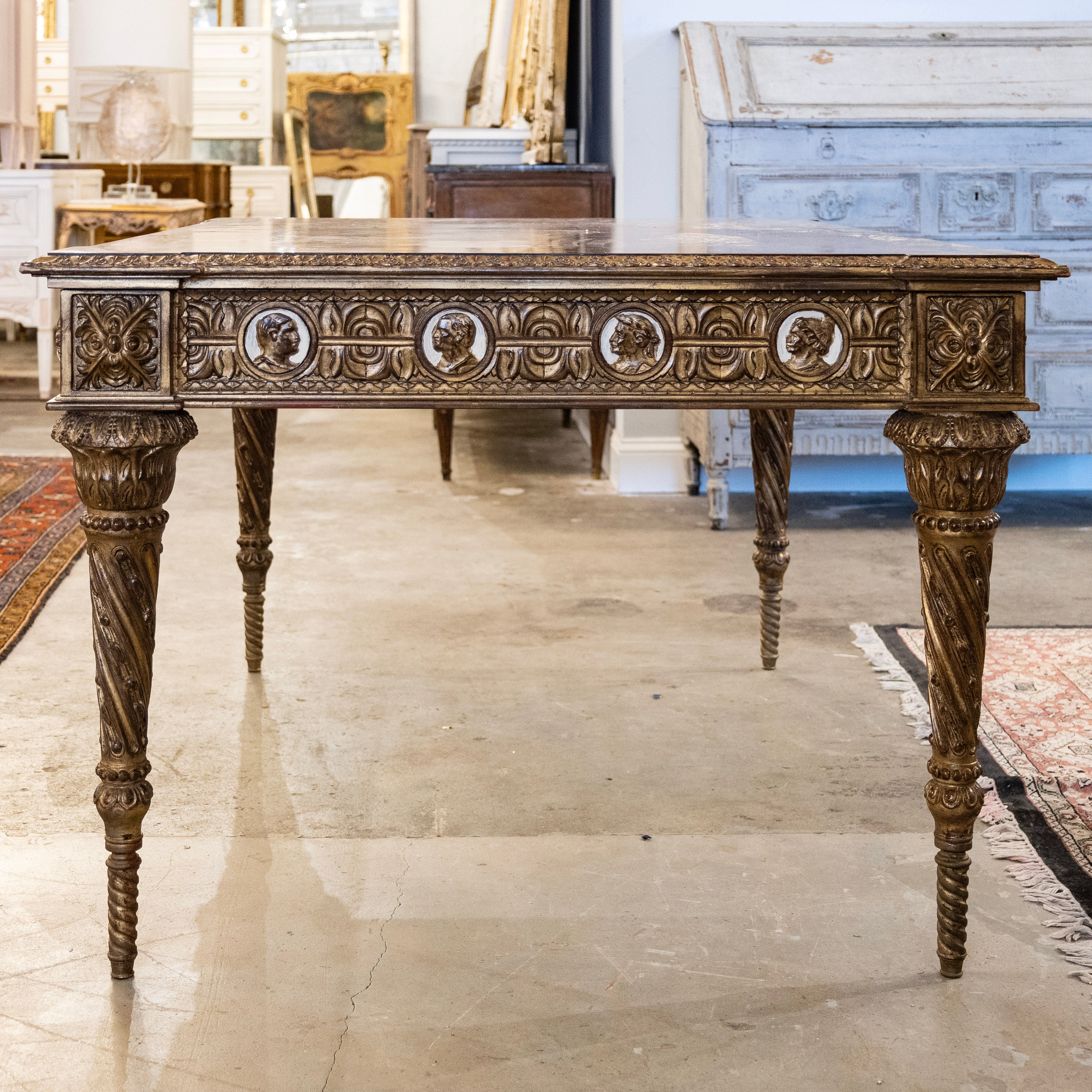 European Neoclassical Center Table – Marquetry Medallion Faces & Spiral Legs - Image 13