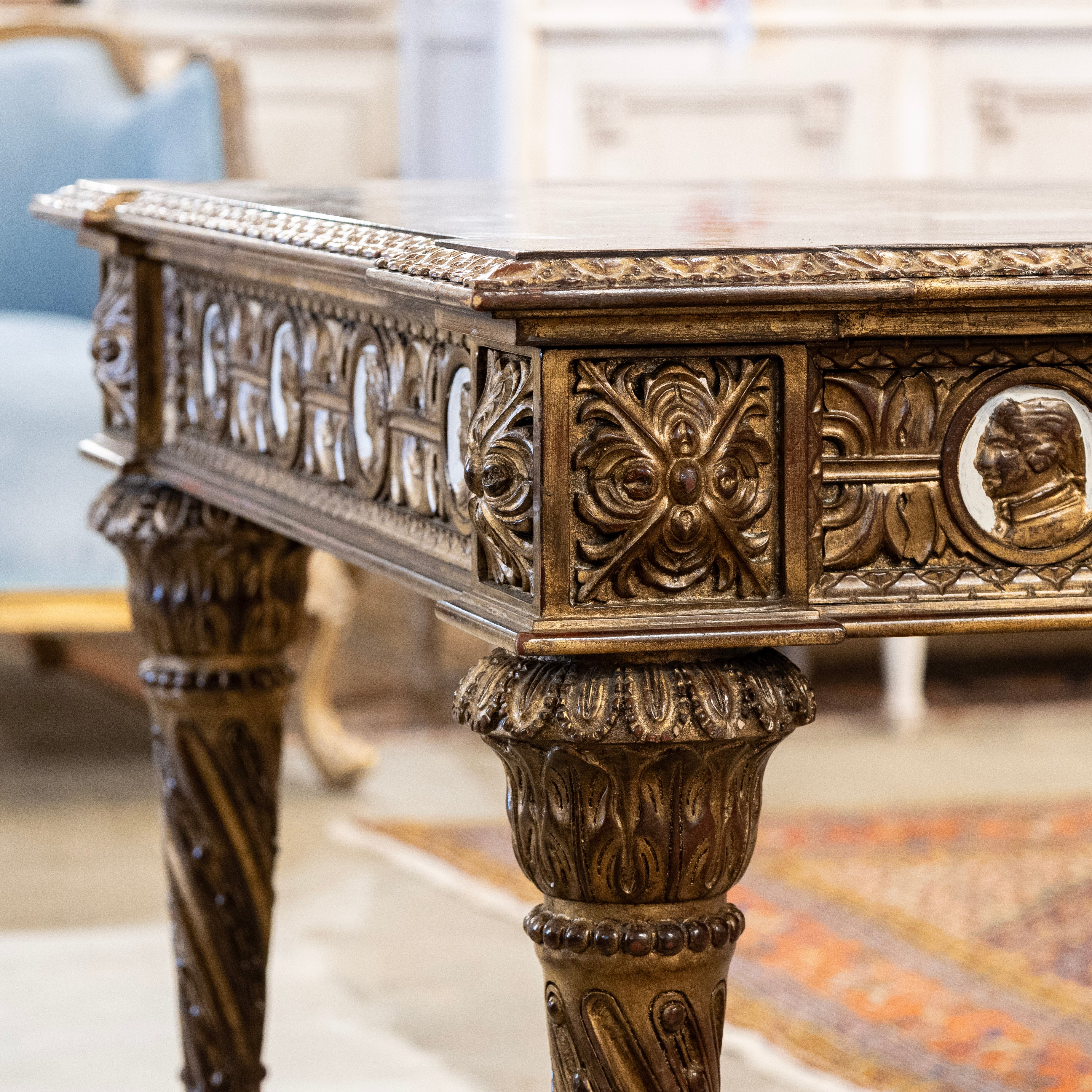 European Neoclassical Center Table – Marquetry Medallion Faces & Spiral Legs - Image 14
