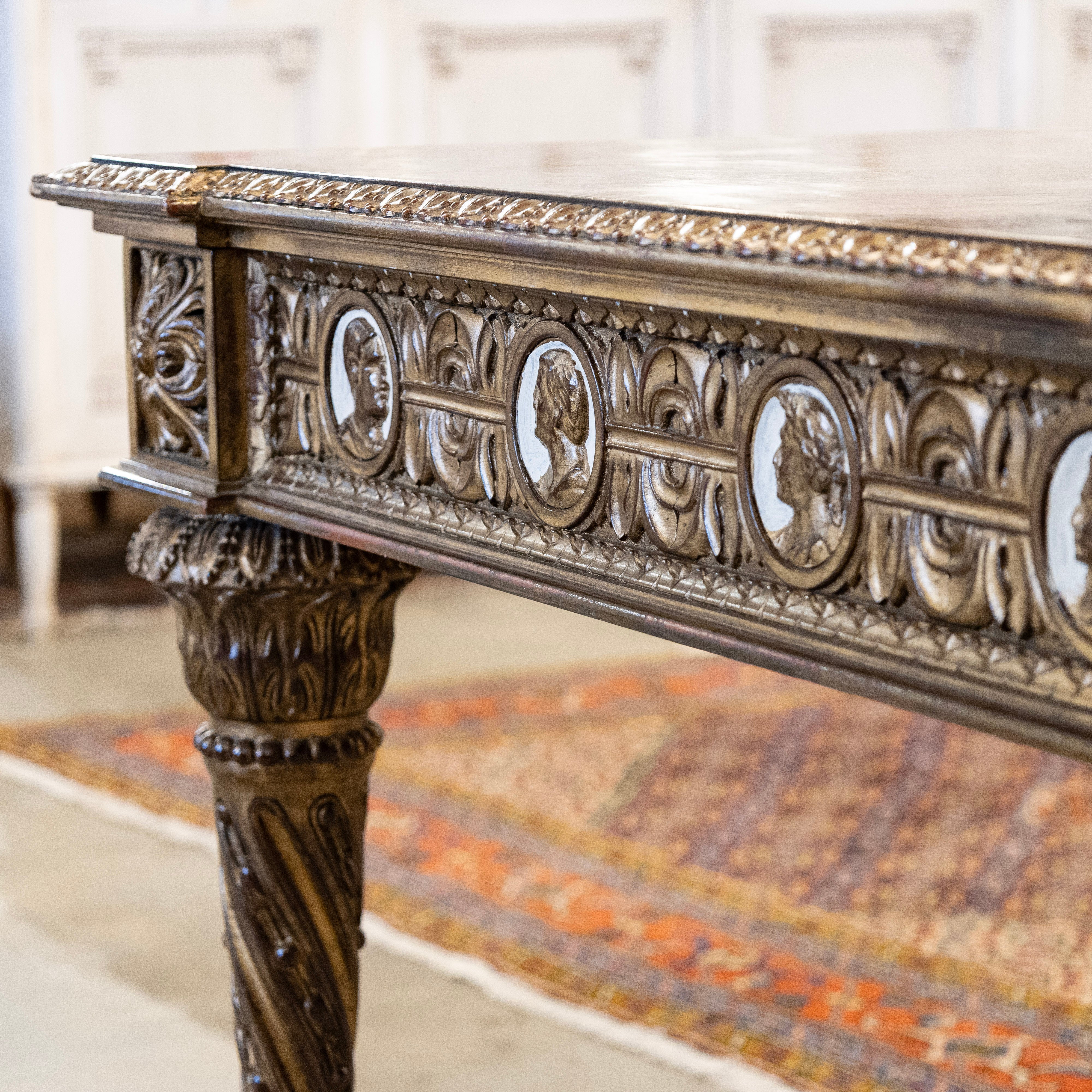 European Neoclassical Center Table – Marquetry Medallion Faces & Spiral Legs - Image 15