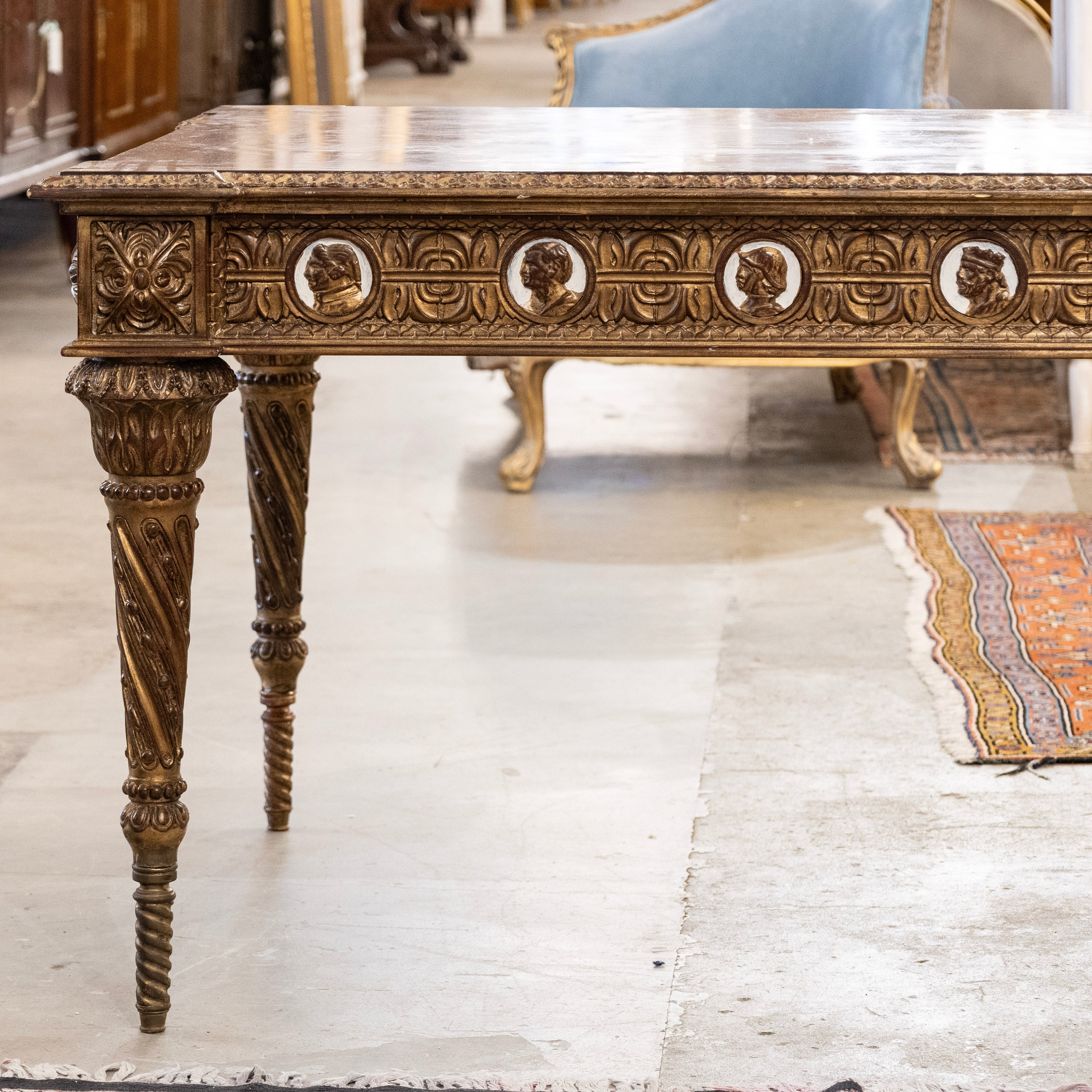 European Neoclassical Center Table – Marquetry Medallion Faces & Spiral Legs - Image 3