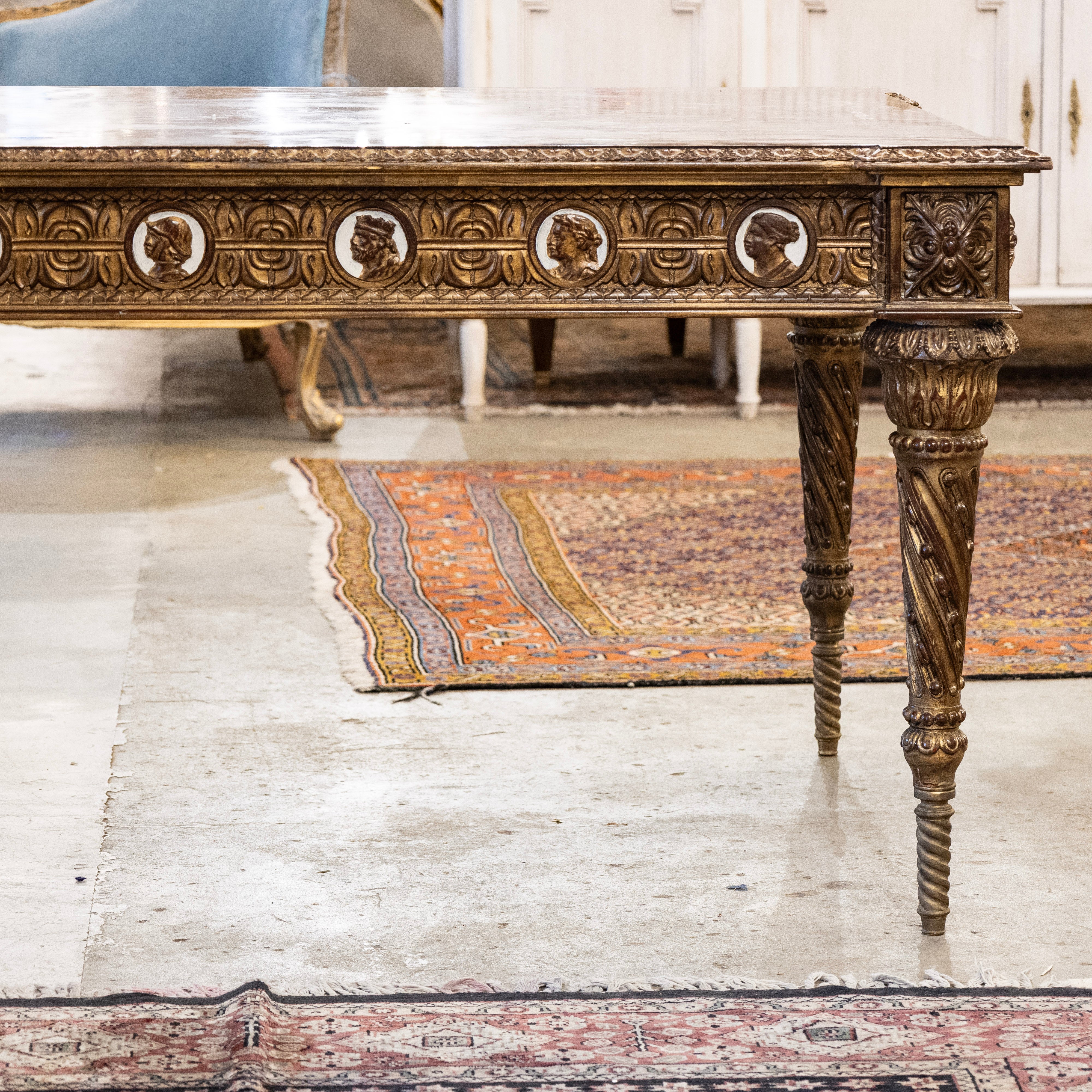 European Neoclassical Center Table – Marquetry Medallion Faces & Spiral Legs - Image 4