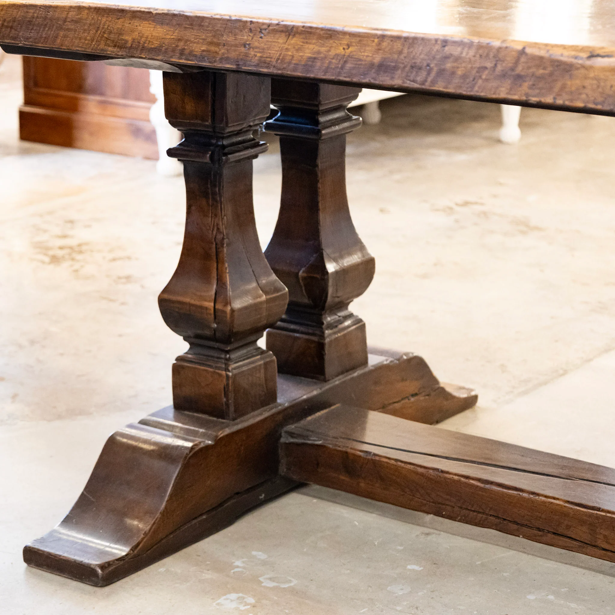 Farmhouse Dining Table – Rustic Dark Wood With Trestle Base - Image 10