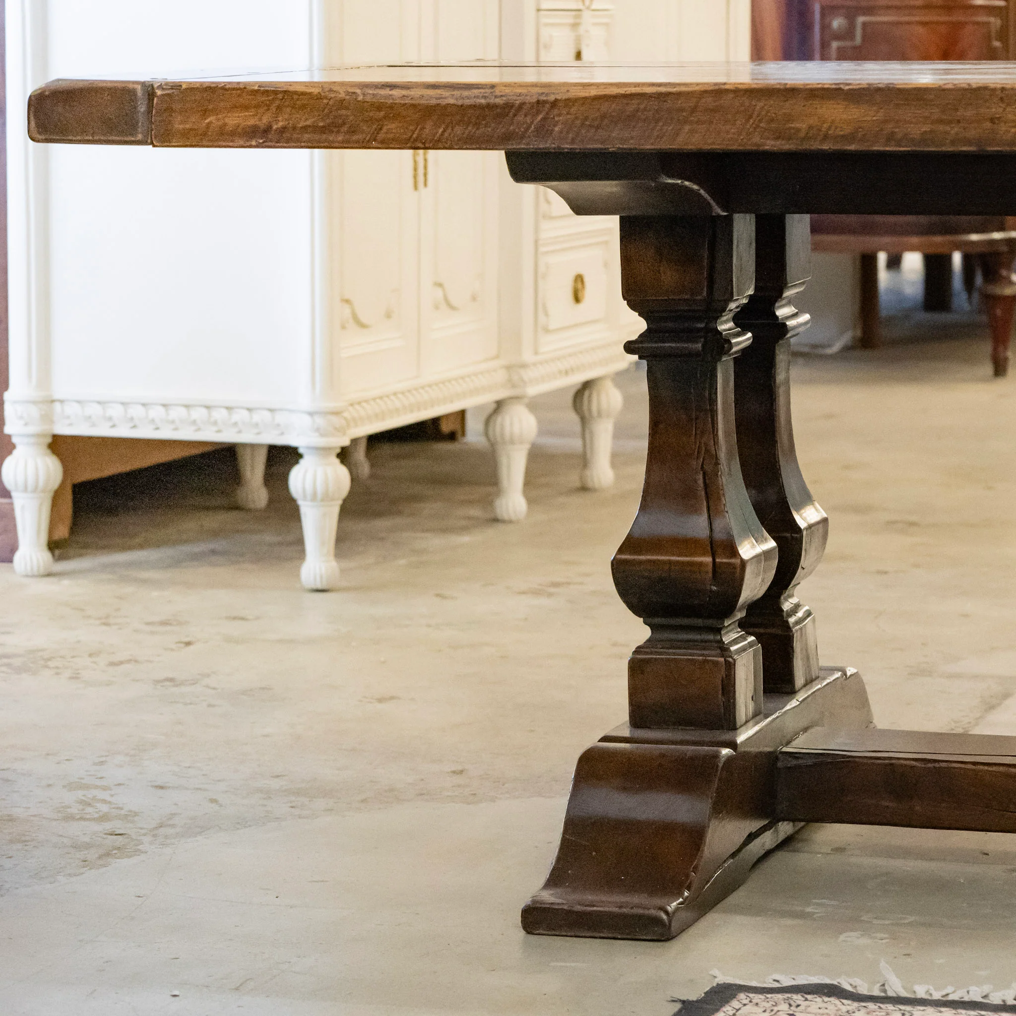 Farmhouse Dining Table – Rustic Dark Wood With Trestle Base - Image 4